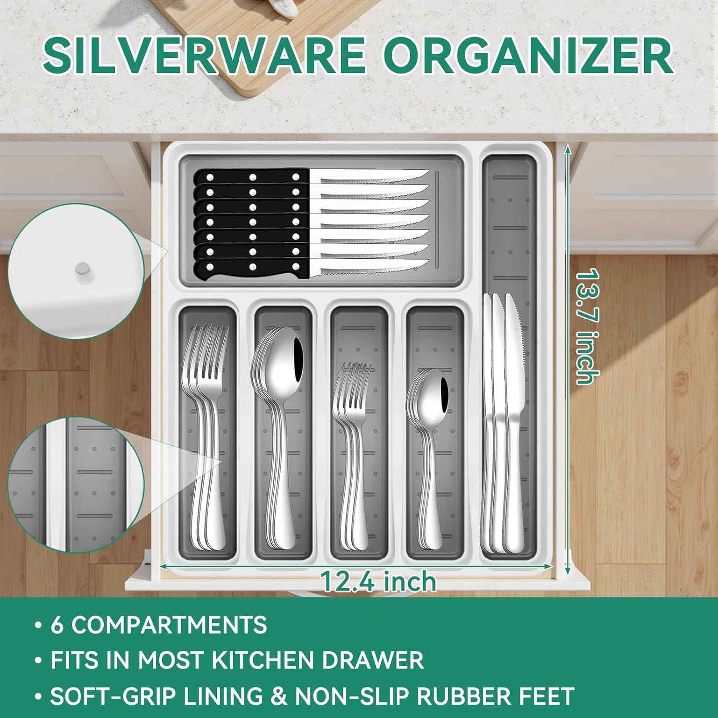 49-Piece Stainless Steel Silverware Set with Cutlery Organizer, Service for 8 with Steak Knives and Kitchen Utensils