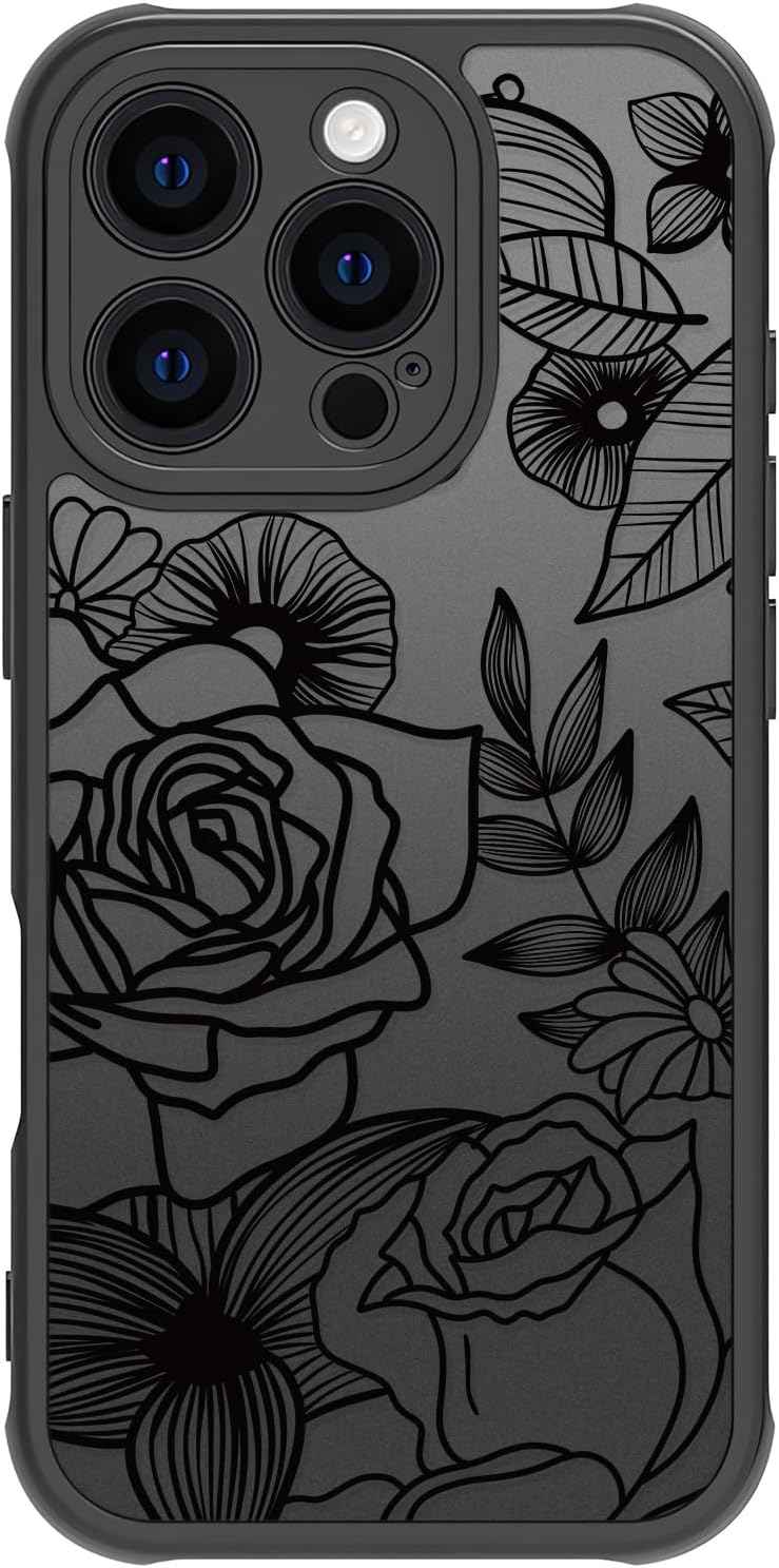 Girly Flower Case Compatible with iPhone 17 Pro Max, Cute Rose Aesthetic Black Line Art Floral Pattern Print, Anti Fingerprint PC Heavy Duty Protection Cases Cover for Girls Women