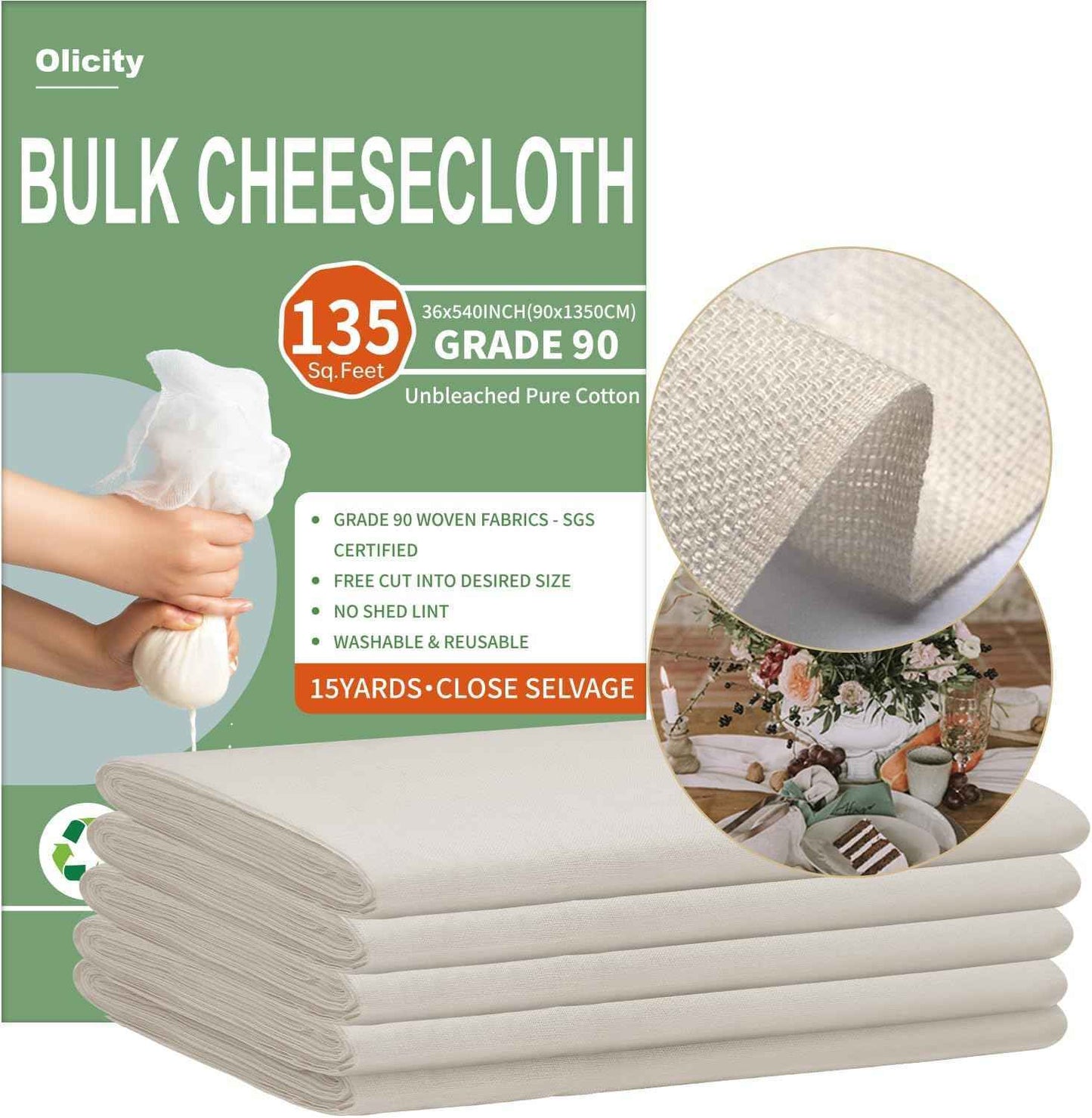 Organic Cheese Cloths, GOTS Certified, Grade 100, 36x36Inch, Reusable Cheese Cloth with Closed Edges Fabric Fine Mesh Cloth, Unbleached Cotton Muslin Cheesecloth for Straining,Cooking,Crafts - 9 Sq.Ft