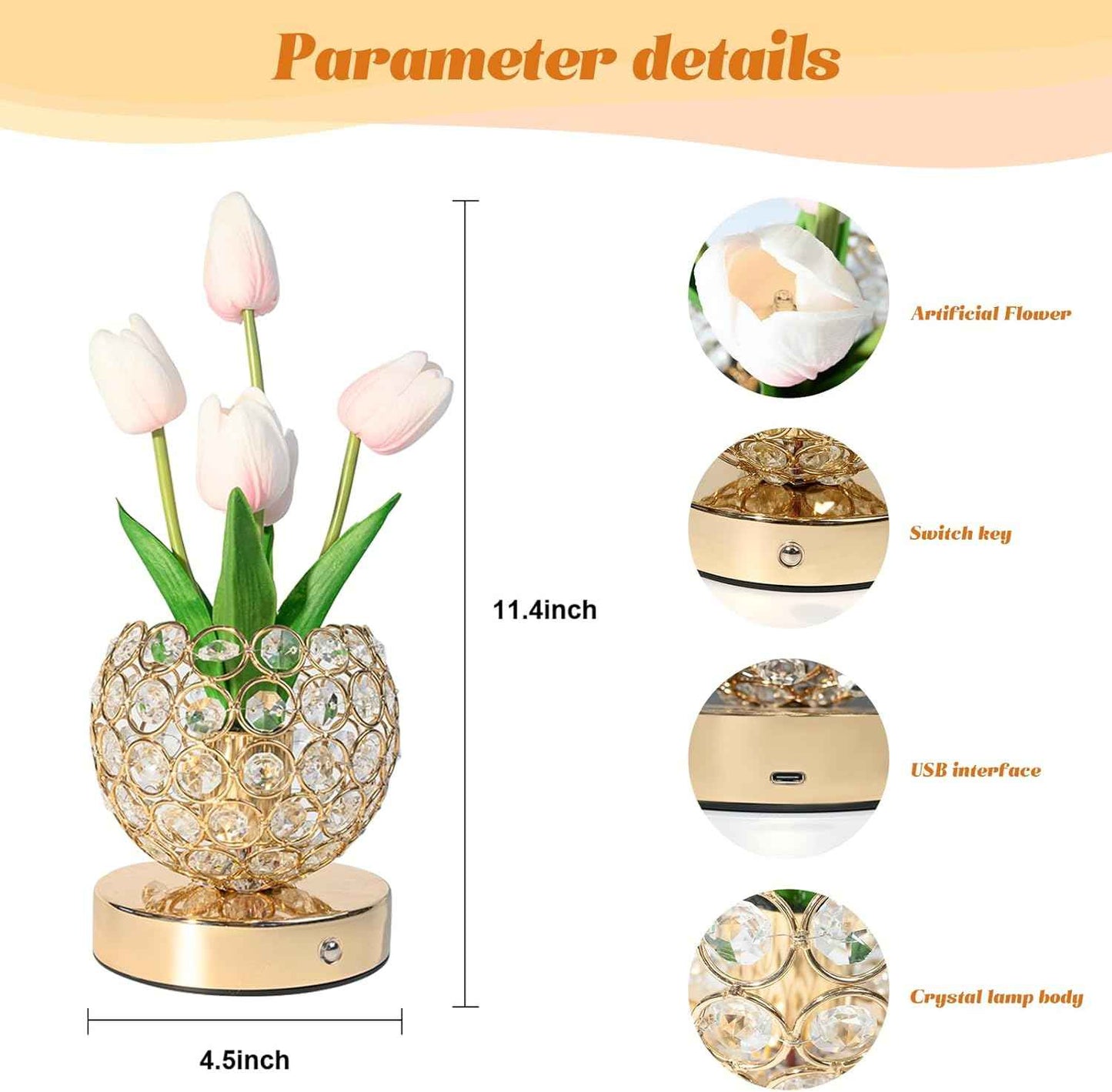 Tulip Crystal Flower Lamp Touch Lamp,Rechargeable Cordless Table Lamp, 3-Colour Infinitely Dimming Battery Powered Small Night Light,Gift for Mom for Valentine Day,Mothers Day,Xmas,Birthday (Pink)