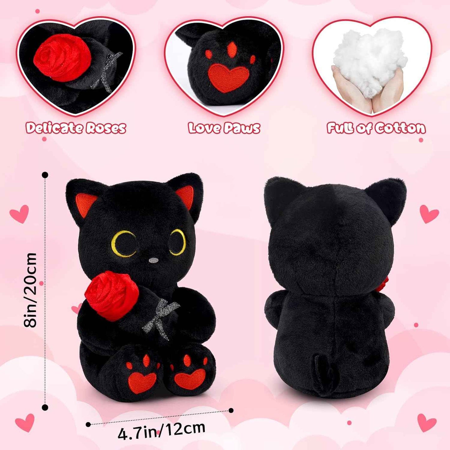 Black Cat Plush Holding Rose, 8 Inch Kawaii Valentines Plushies with Bow & Heart, Cute Plush Toy Soft Valentine's Day Gift for Her, Girlfriend, Wife, Kids