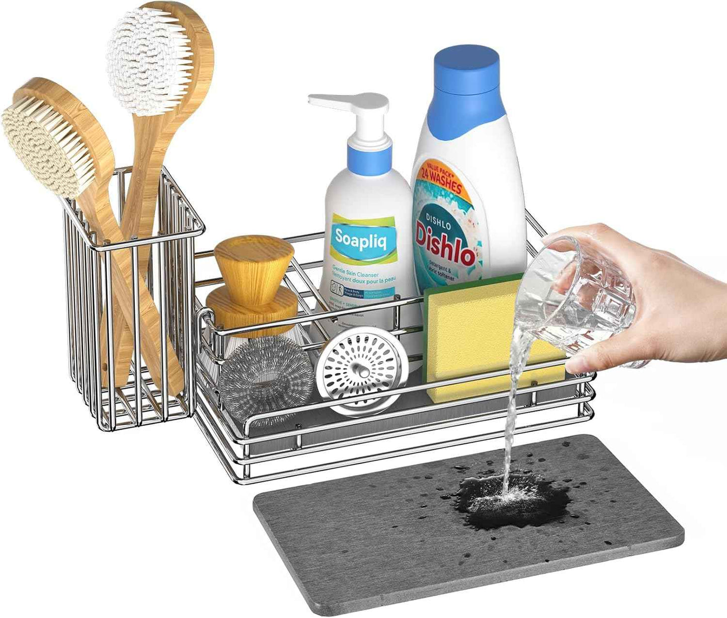Yofidra Kitchen Sink Caddy: Sink Sponge with Instant Drying Stone, Metal Stainless Steel Dish Sponge Holder Basket for Sponges, Scrubbers, Soap, 9.5" X 5.5" X 5.7" Home Decor Storage and Organization