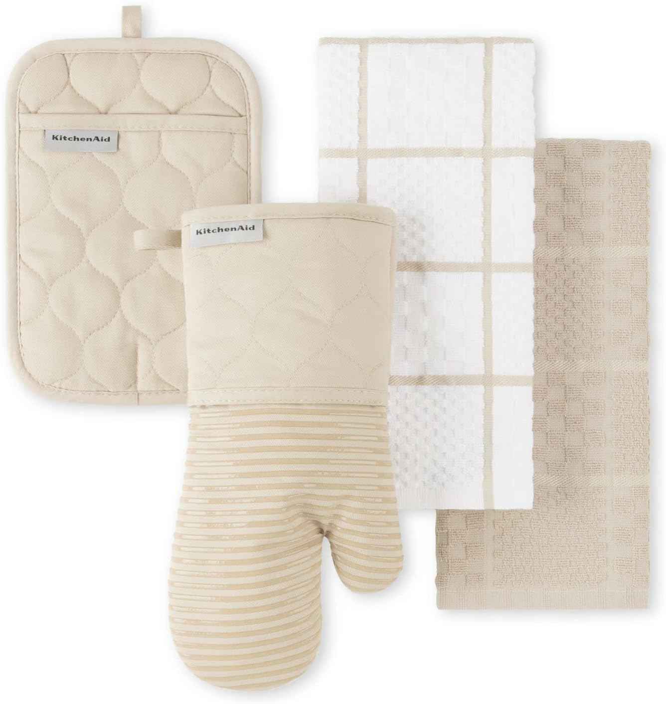 KitchenAid Quilted Cotton Terry Cloth Oven Mitt, Pot Holder, Kitchen Towel 4-Pack Set, Heat Resistant, Silicone Grip