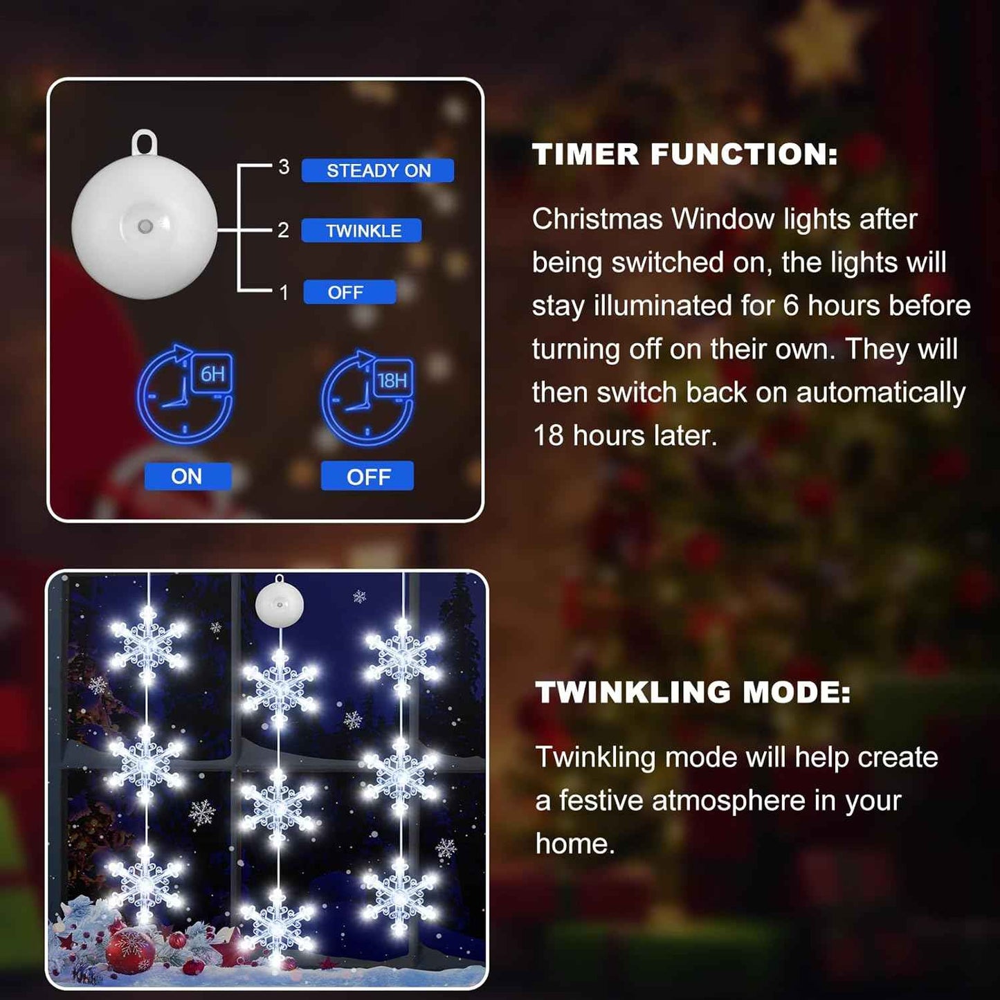 3Pcs Christmas Window Lights Decorations with Timer, Battery Powered Christmas Window Hanging White Lighted Snowflake Shaped LED Sucker String Lamp for Xmas Tree Fireplace Window Indoor Decor