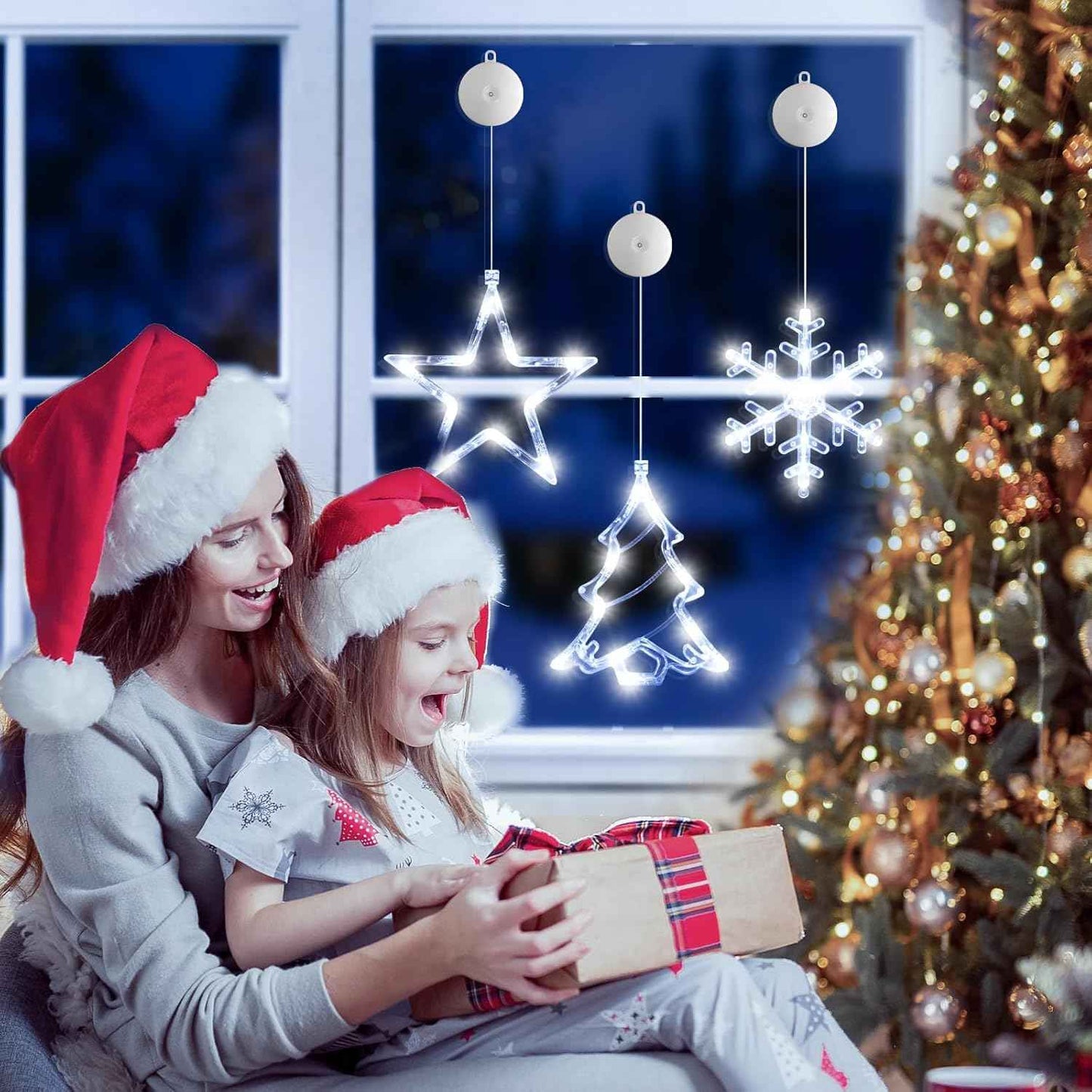 3Pack Christmas Window Lights Decorations with Timer, Battery Powered Hanging White Lighted Snowflake Tree Star Shaped LED Sucker for Xmas Tree Fireplace Indoor Decor