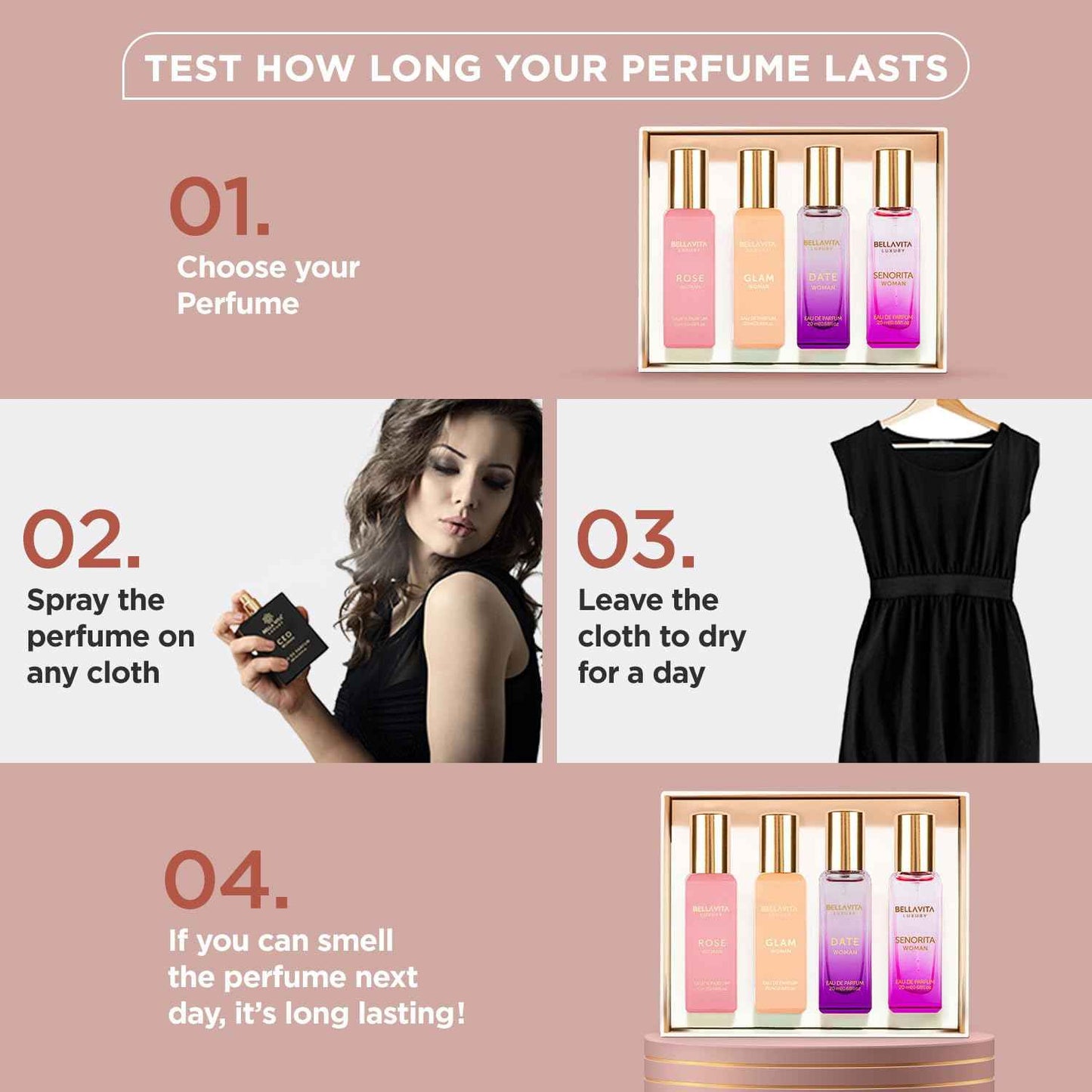 BellaVita Luxury Women's Perfume Gift Set | 4x20ml | Notes of Floral, Sweet, Spicey Red Fruit, Vanilla & Musk | DATE, SENORITA, GLAM & ROSE | French Parfum Collection Gift Set