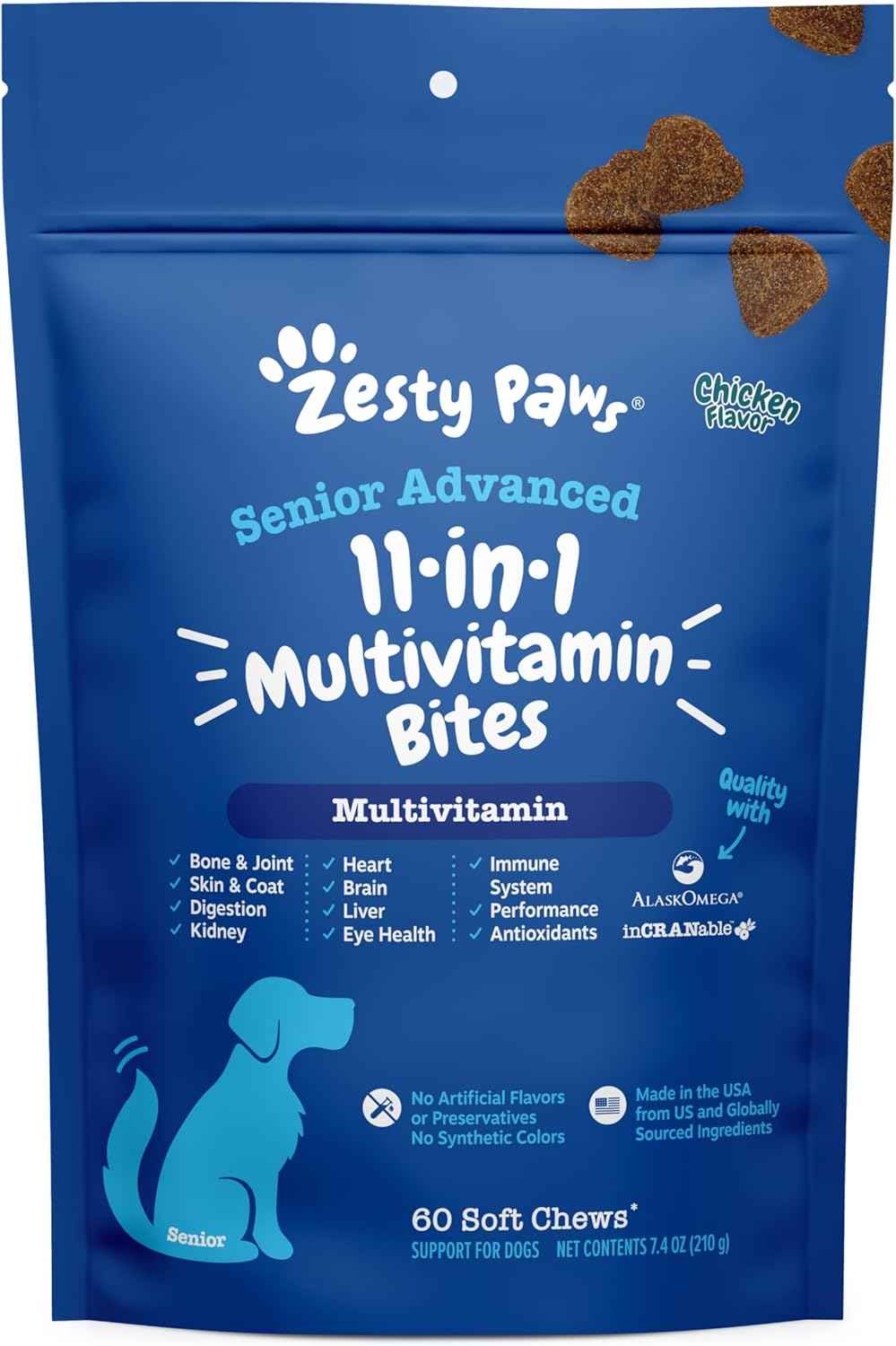Zesty Paws Dog Multivitamin, Chewable Dog Vitamins and Supplements for Hip & Joints, Skin & Coat, Omega 3 Fish Oil for Dogs- Senior & Puppy Multivitamin- Chicken- 90ct