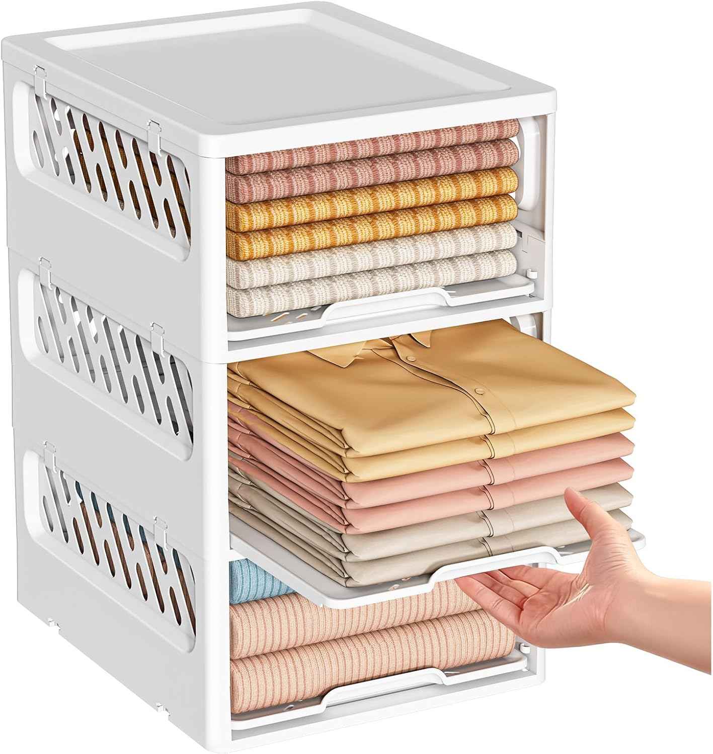5 Pack Stackable Closet Storage Basket - Stackable Storage Bins, Multifunctional & Foldable Closet Organizer Waterproof, Wardrobe Cupboard Space-Saving Hat Storage Drawer Organizer, White