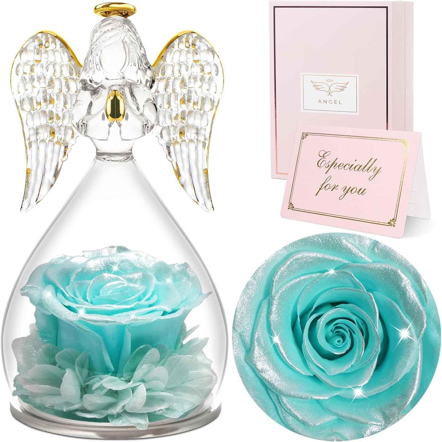 Sunia Valentines Day Rose Gifts for Women, Birthday Gifts for Mom Grandma, Forever Preserved Flower in Glass Angel Figurines Flowers for Delivery Prime, Mothers Day Real Roses for Her Wife