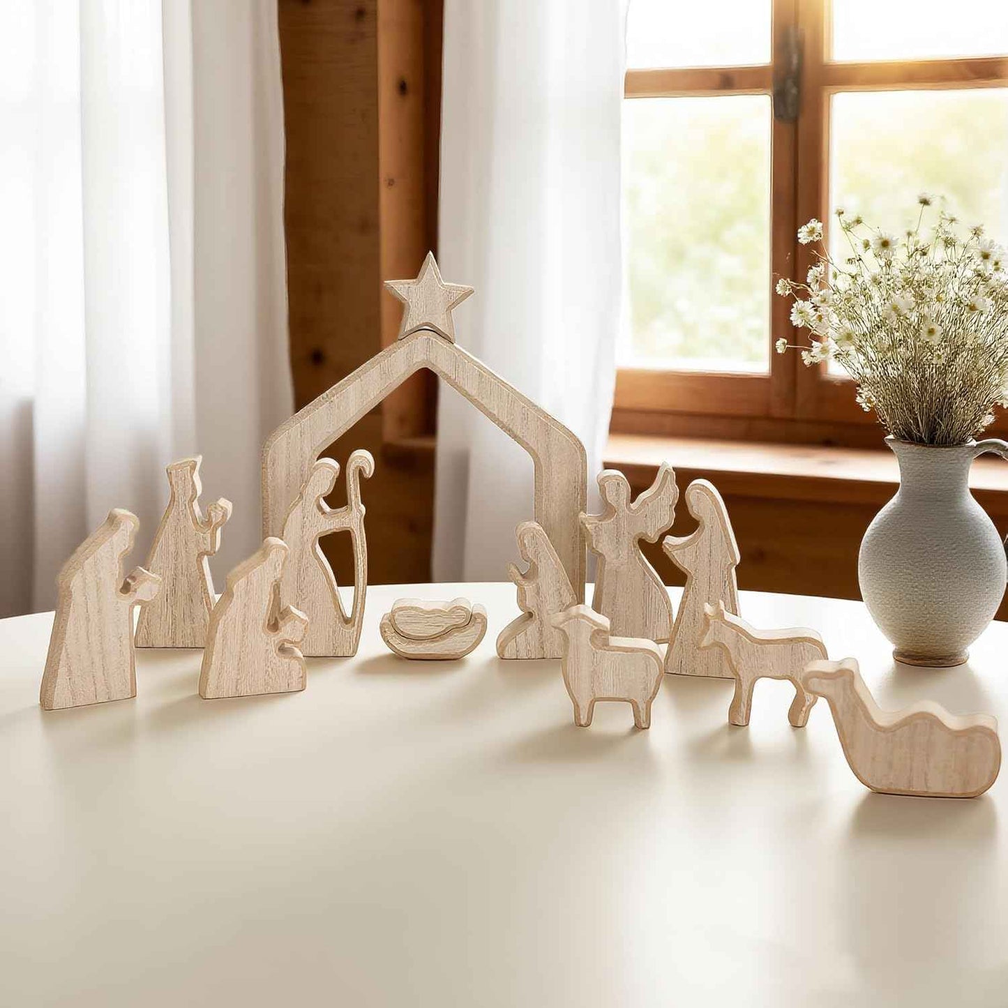 NEROSUN Nativity Scene Set, 13Pcs Wooden Christmas Nativity Scene Miniature Holy Family Figurines, Minimalism Boho Tabletop Christmas Manger Decorations for Indoor Home Mantel Display