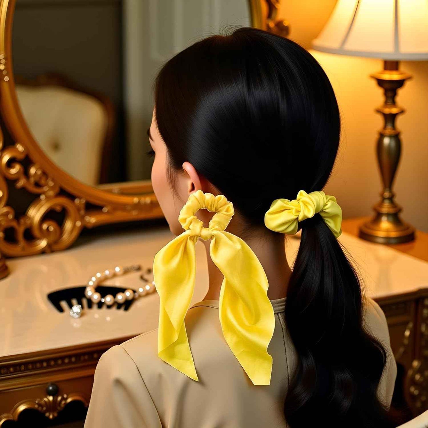 2Pcs Yellow Women Girl Bow Satin Ribbon Ponytail Scarf Hair Tie Rope Scrunchies Elastic Band Hair Scrunchies Bands Elastics and Ties Beauty and Personal Care Hair Care, Hair Accessories