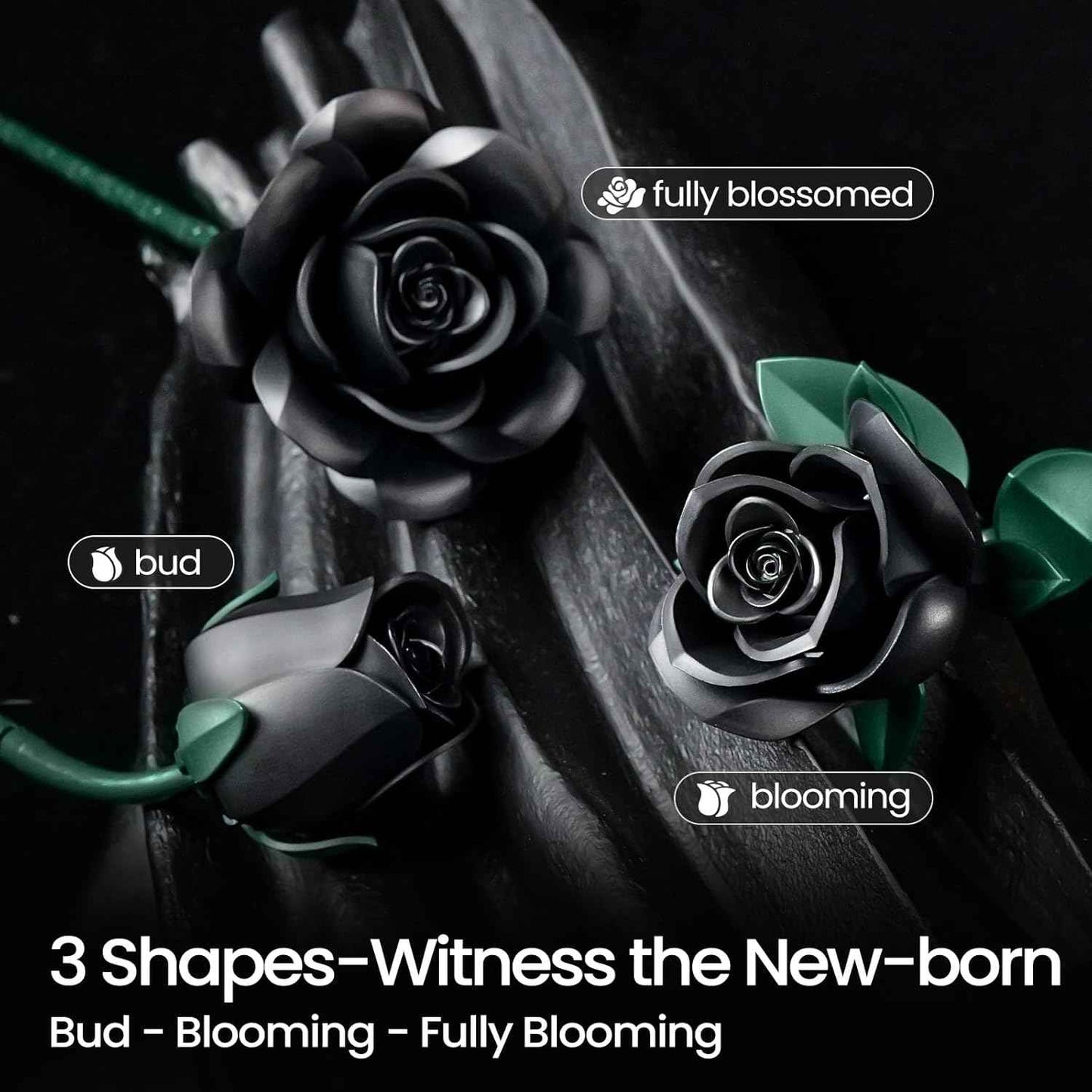 iATOM Black Roses Flower Building Set - 3Pack, Gift for Valentine's Day for Her/Mom/Girlfriend/Wife/Couple, Gothic Romantic Emo Horror Retro Artificial Flowers Botanical Collection Home Decor