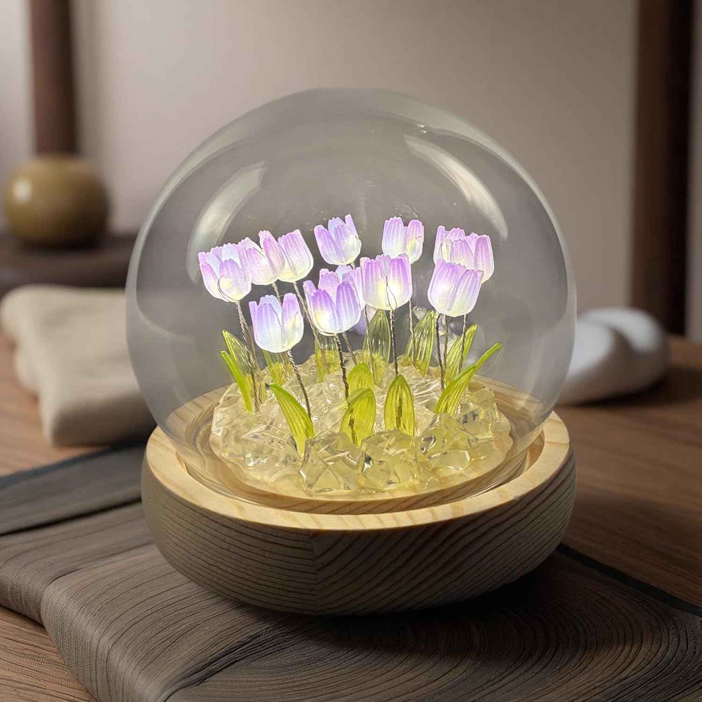 Tulip Lamp Glass Globe - Illuminated Flower Lamp with Glowing Blooms on Wooden Base - Battery-Powered Decorative Night Light for Bedroom, Living Room & Home Decor | Tulip and Rose Infinity Mirror, Gift for Women or Girl, Fully Assembled, in a Glass, Cuten