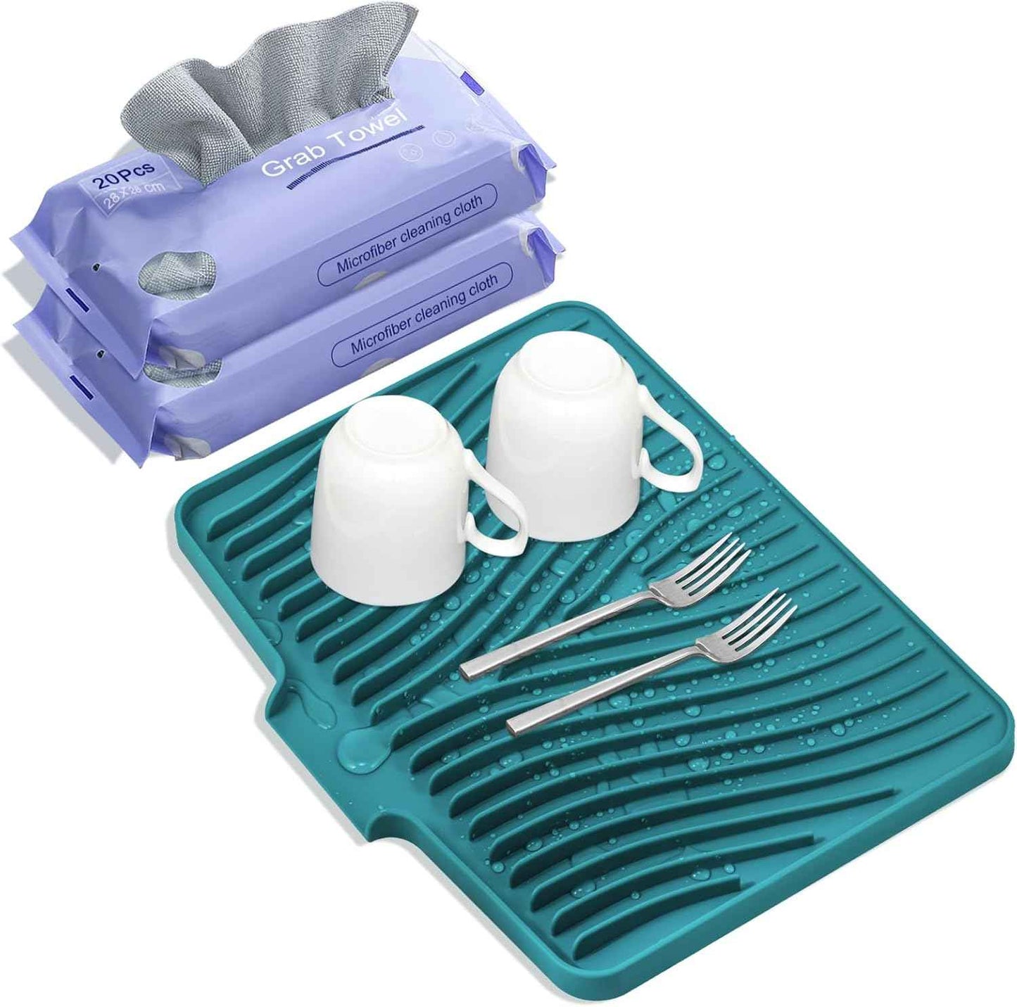 Silicone Dish Drying Mat for Kitchen Counter, Dish Drying Pad, Non-Slip Drain Pad with Built-in Drain, Heat Resistant Stone Drying Mat(15.8" x 13", Grey)