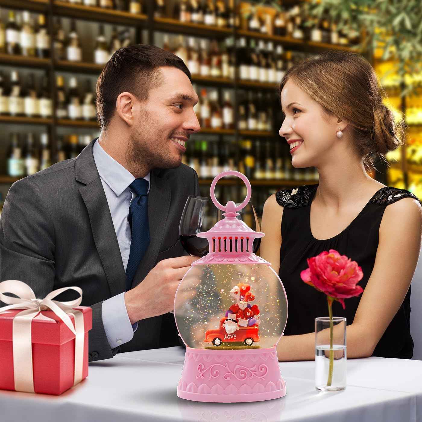 Valentine Day Red Truck Snow Globe Musical Decor,Valentines Day Couple Red Truck Light Up Snow Globe 6H Timer, USB/Battery Operated,Valentines Day Gifts for Her, Teacher, Girls