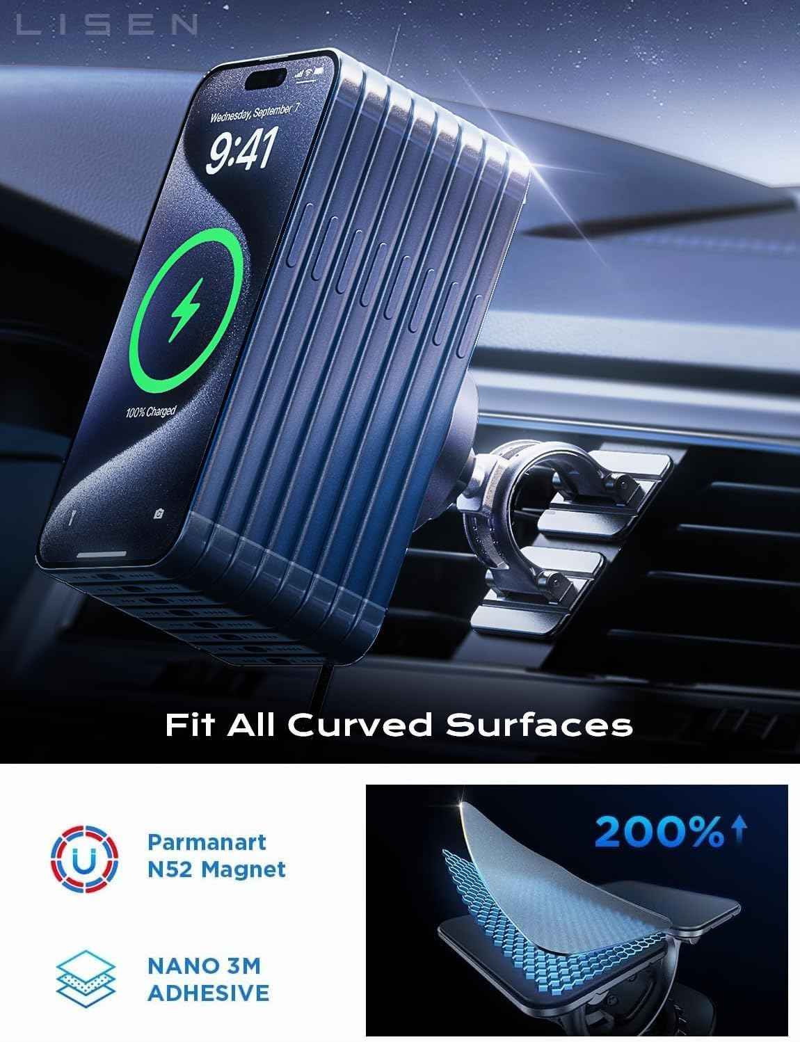 LISEN for 15W MagSafe Car Mount Charger,Magnetic Wireless Cars Charger,Magnetic Phone Holder for Cars,Phone Holders for Your Car Accessories for Men Women Jeep Ford F150 for iPhone 17-12,Samsung,Pixel