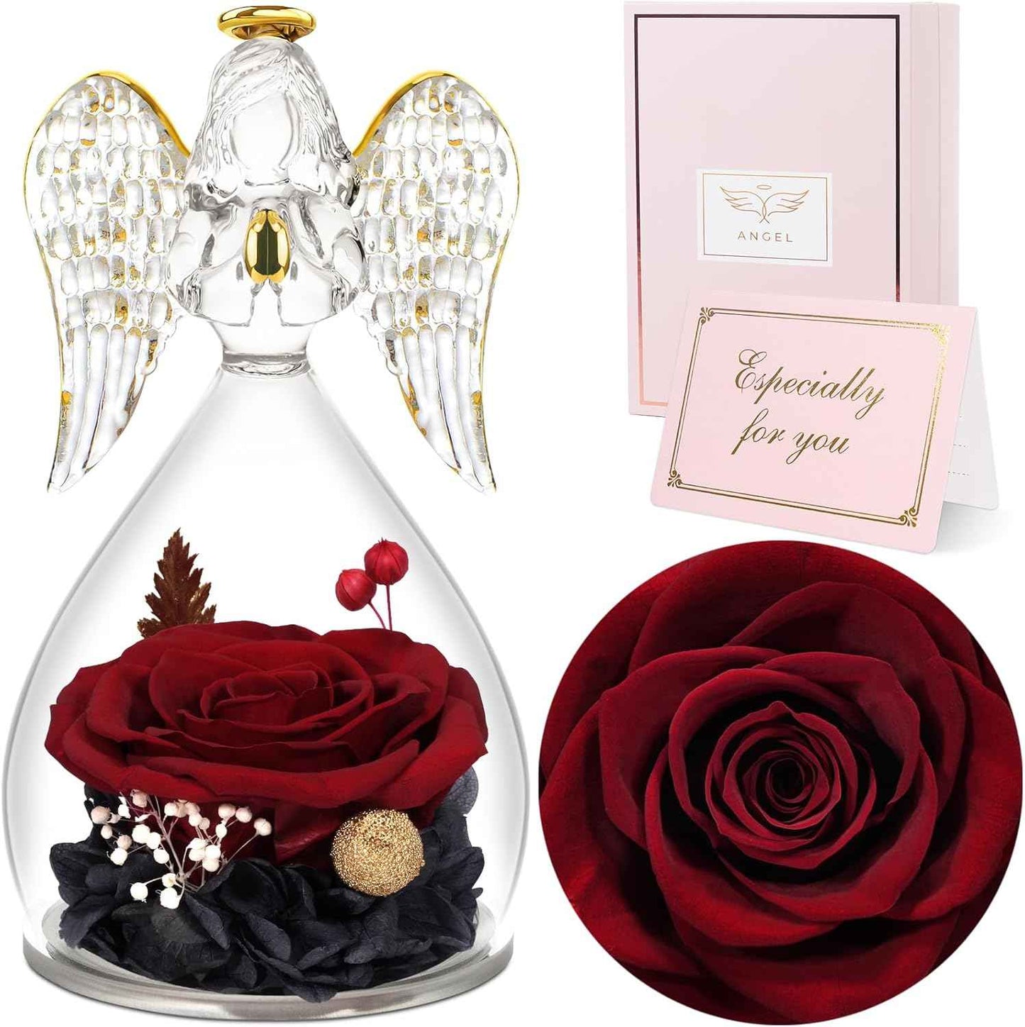 Sunia Valentines Day Rose Gifts for Women, Birthday Gifts for Mom Grandma, Forever Preserved Flower in Glass Angel Figurines Flowers for Delivery Prime, Mothers Day Real Roses for Her Wife