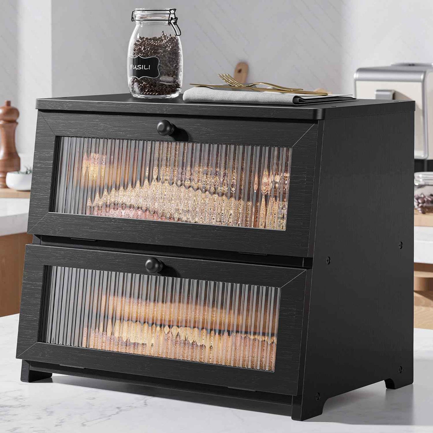 Kitsure Bread Box - Wooden Bread Box for Kitchen Countertop, Large Capacity Kitchen Countertop Organizer, Stylish Bread Storage with Window, Multi-functional Container, Black, 15.0"x8.3"x9.1" (1T)