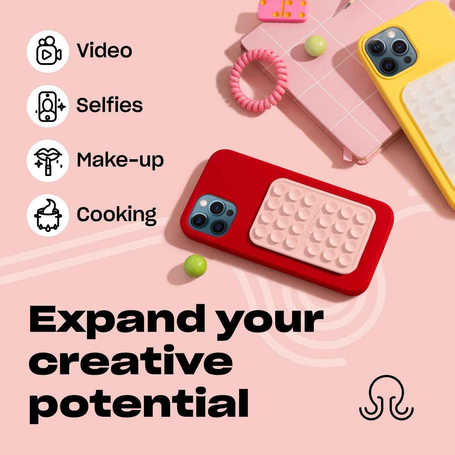 OCTOBUDDY Classic - Silicone Suction Phone Case Adhesive Mount - Hands-Free, Strong Grip Holder for Selfies and Videos - iPhone and Android Compatible - 2.25β³ x 3.25β³, Chalk Pink