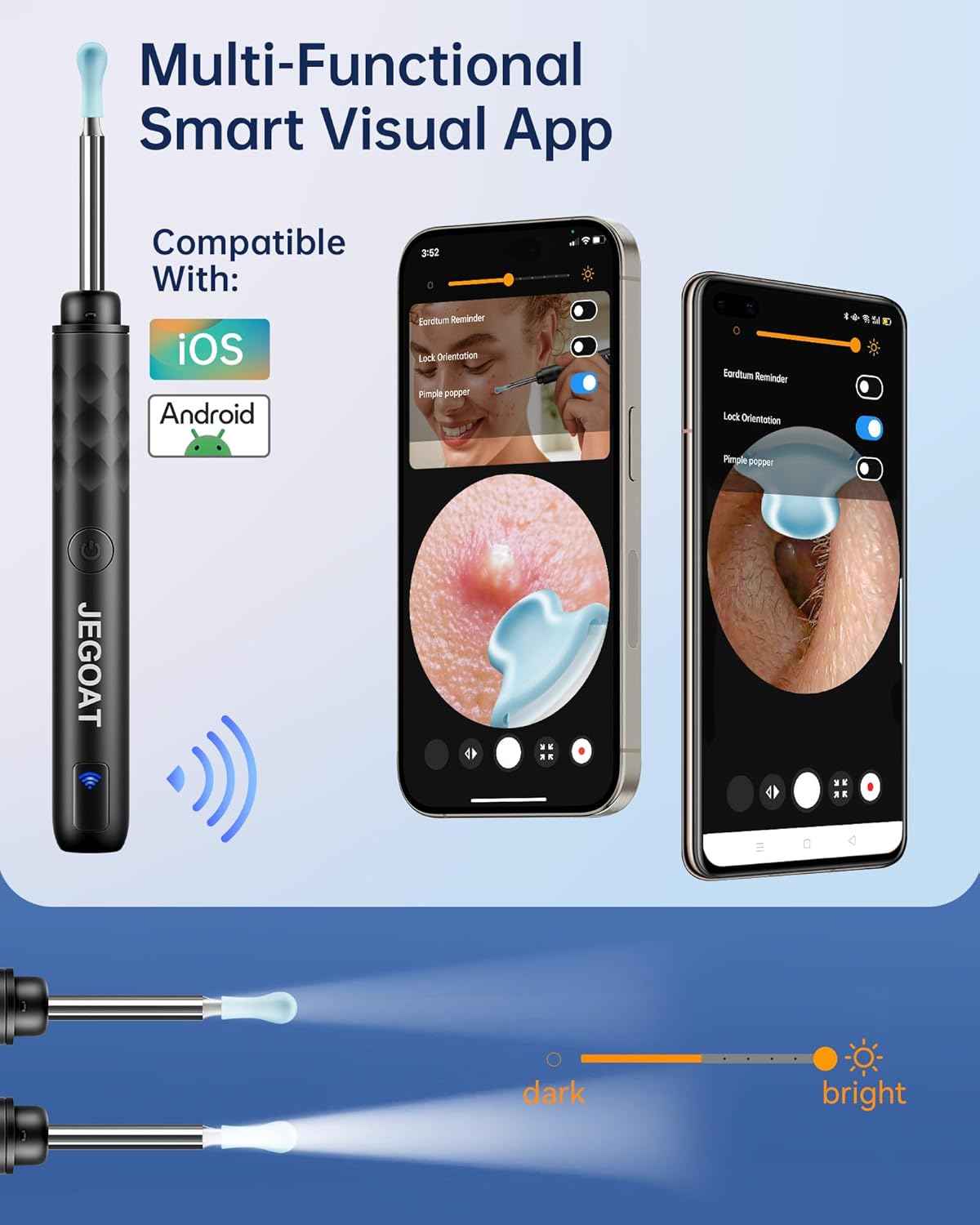 Jegoat Ear Wax Removal, Ear Wax Removal Tool Camera with 1296P HD Camera and 6 LED Lights, Ear Cleaner with 10 Ear Pick, Upgraded Ear Wax Removal Kit for iOS and Android, Black