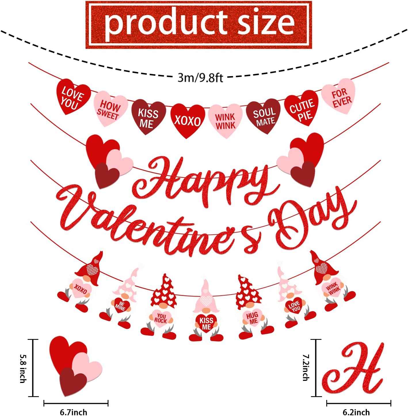 Valentine's Day Garland Banner Including Glitter Happy Valentine's Day Banner, Valentines Gnomes Garland Banner, XOXO Heart Garland for Valentines Gnomes Wedding Engagement Anniversary Party