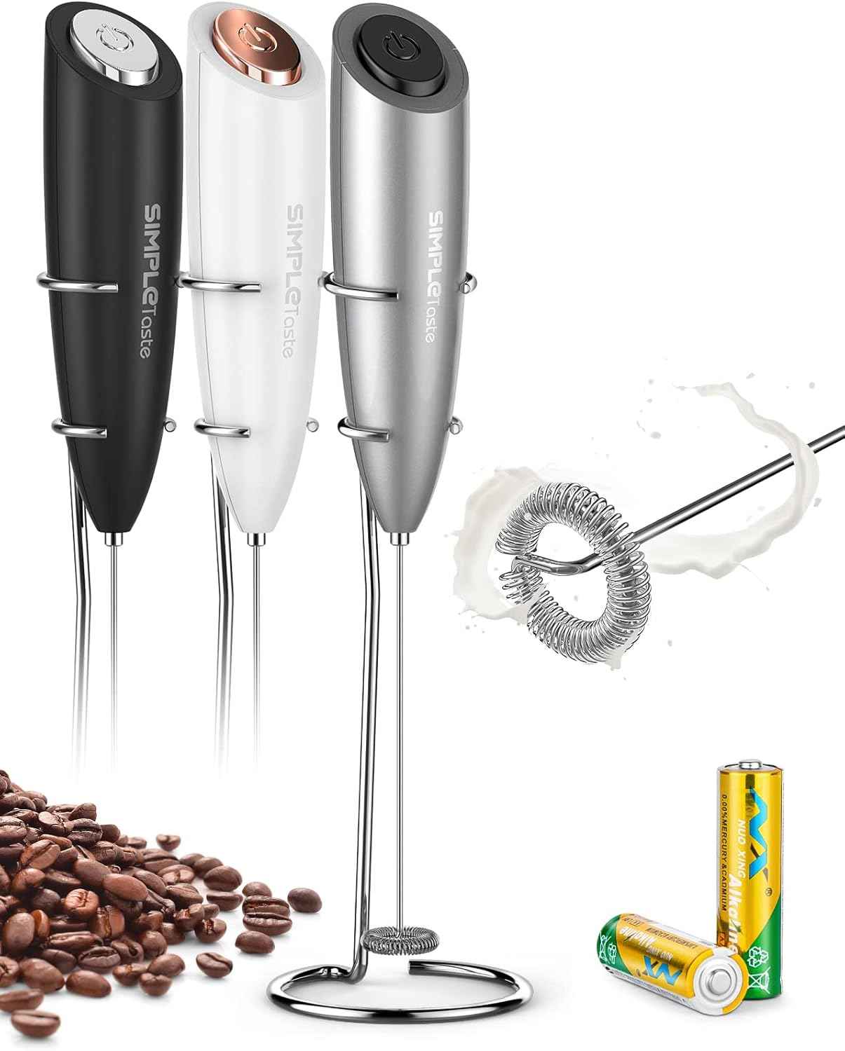 SIMPLETaste Battery-Operated Electric Milk Frother, Drink Mixer with Stainless Steel Whisk and Stand for Cappuccino, Bulletproof Coffee, Latte