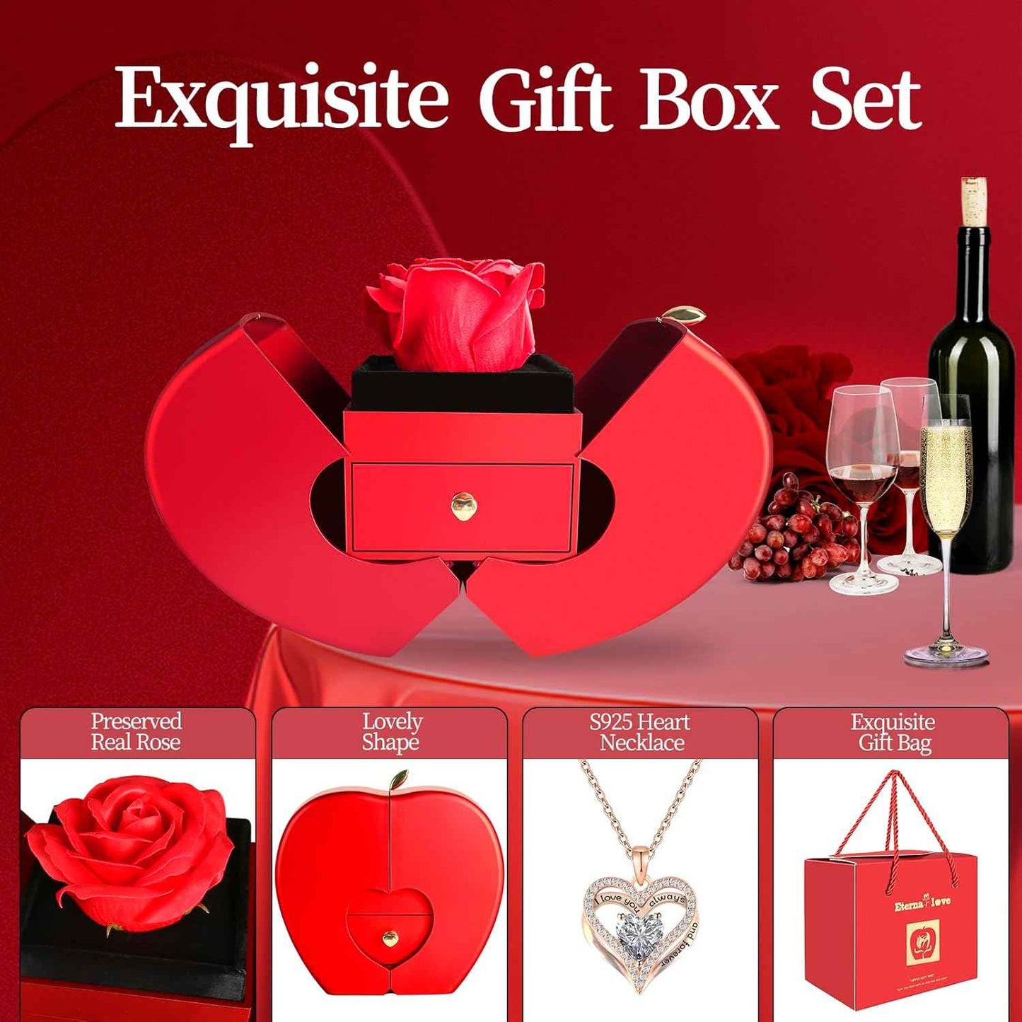 Preserved Flower Red Rose with Heart Necklace, Gifts for Mom, Girlfriend, Women, Wife, Grandma on Christmas, Valentine's Day, Mother's Day, Birthday, Anniversary, Thanksgiving | Birthday, Christmas, Valentine's Day, Mother's Day, Anniversary, Thanksgiving