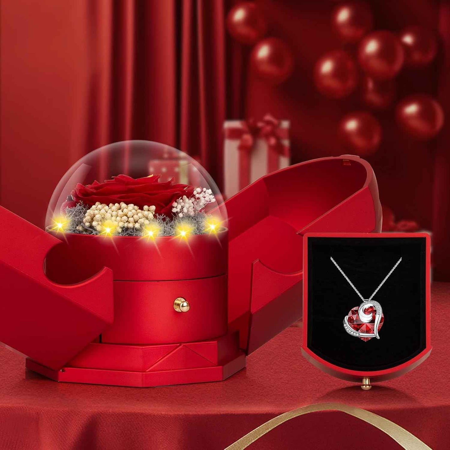 Preserved Real Red Rose with Necklace Forever Flowers Rose Valentines Day Gifts for Her Wife Girlfriend Women Mom Grandma on Valentines Mothers Day Sweetest Day Christmas Anniversary Romantic-Red