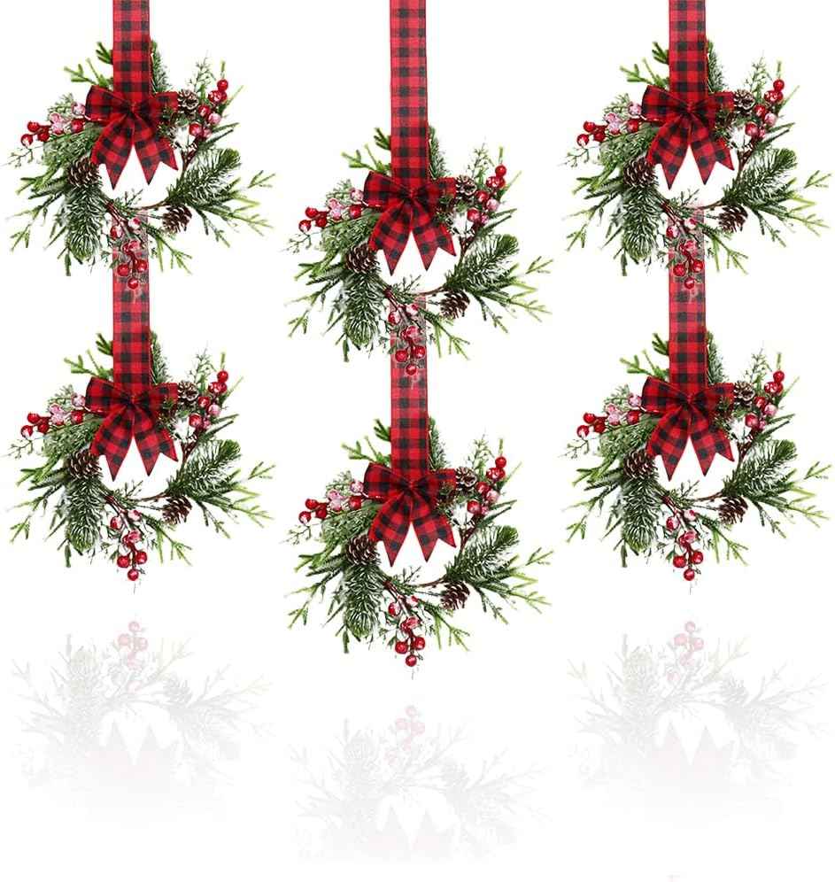 Small Christmas Wreath, 6 Pcs 6" Mini Christmas Wreaths for Cabinets, Small Cabinet Wreaths for Kitchen Cabinet Window Door Farmhouse Christmas Party Decorations Candle Rings Fireplaces (A)