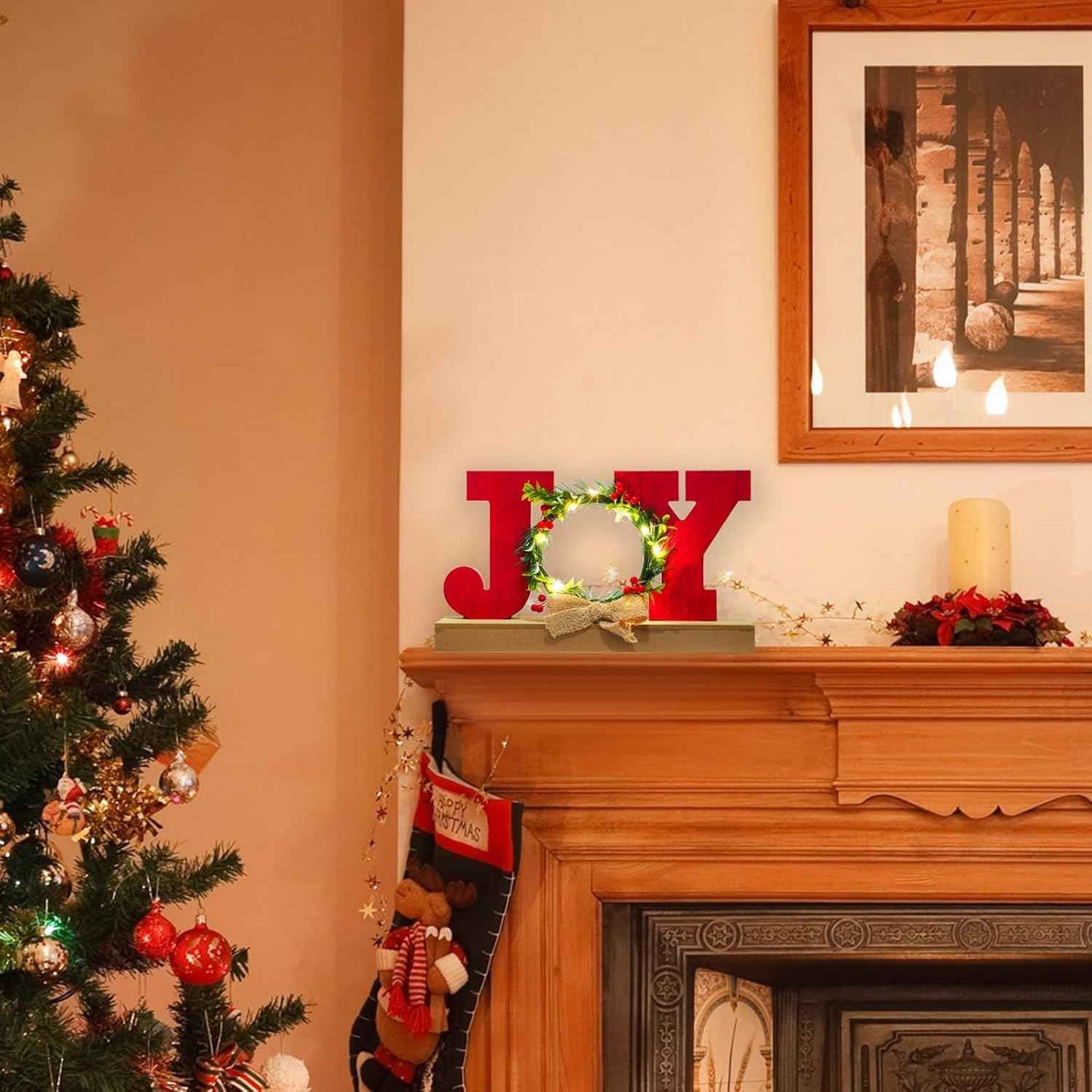 Christmas Decorations for Home LED Lighted JOY Decor Farmhouse Wooden Wreath Tabletop Merry Christmas Signs Rustic Holiday Block cIndoor Decorative Sign