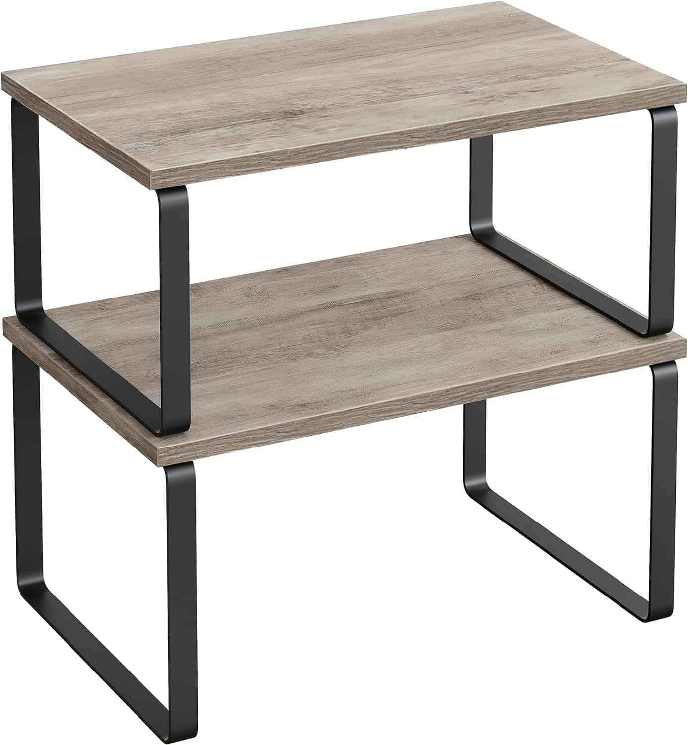 SONGMICS Cabinet Organizer Shelf, Set of 2 Kitchen Counter Shelves, Kitchen Storage, Spice Rack, Stackable, Expandable, Metal and Engineered Wood, Ink Black and Natural Beige UKCS02NB