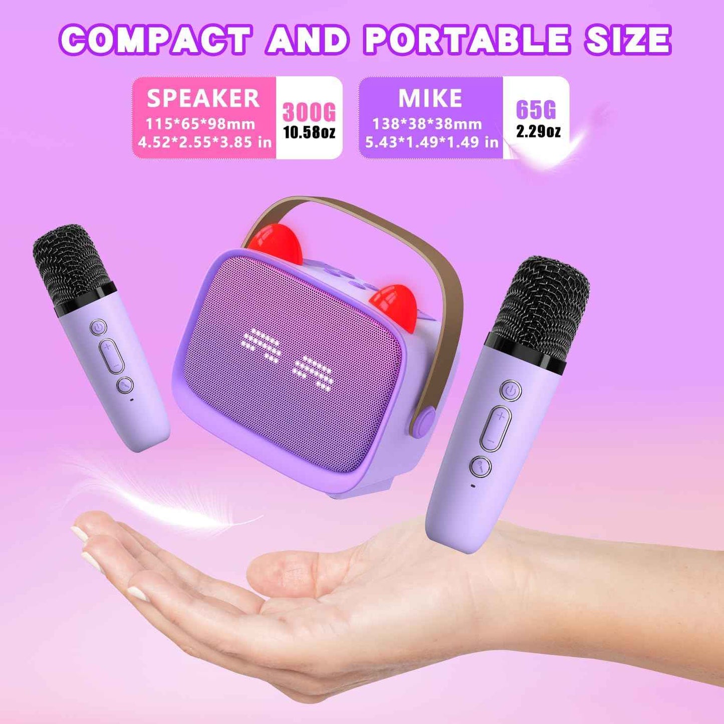 Mgaolo Upgraded Mini Karaoke Machine Toy for Kids, Portable Bluetooth Speaker with 2 Wireless Mics, Emoji & Colorful LED Lights, Home Travel & Party Play Gifts for Boys Girls (Purple)