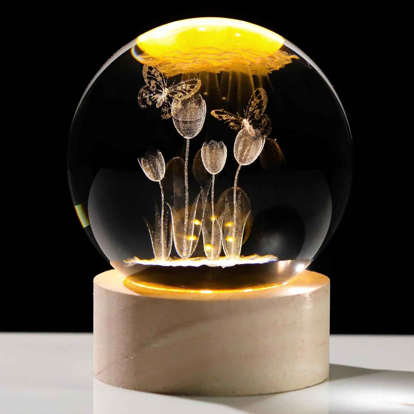 Enjinkail 3D Butterfly Tulips Crystal Ball with Wooden Light Base Glass Tulip Figurine Gift for Women Decor Tulips Statue Gifts for Mother's Day Birthday Valentine Christmas (Diameter 2.36 inches)
