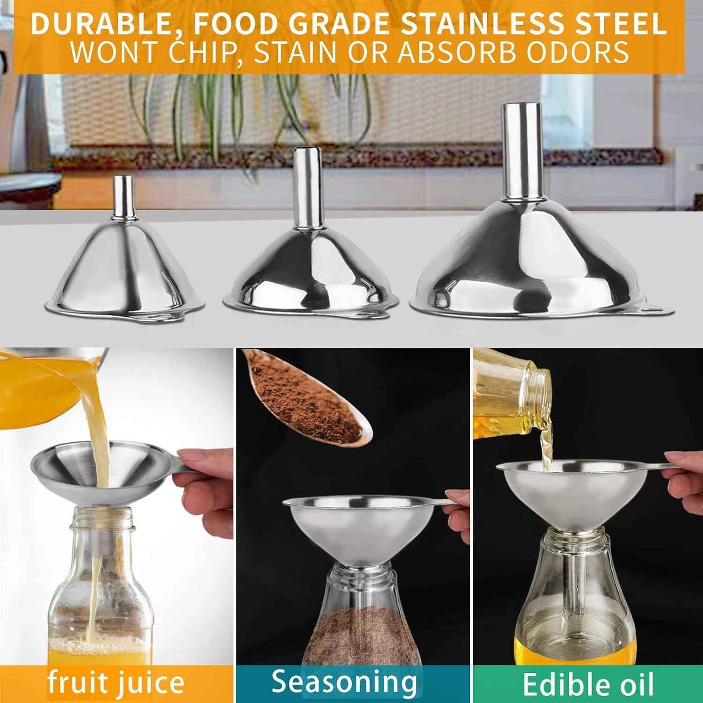 Metal Stainless Steel Funnel, Large Medium Small Funnel Set of 3, Food Grade Mini Funnels for Kitchen Use Filling Bottles Flask Cooking, 2 Brushes YLYL