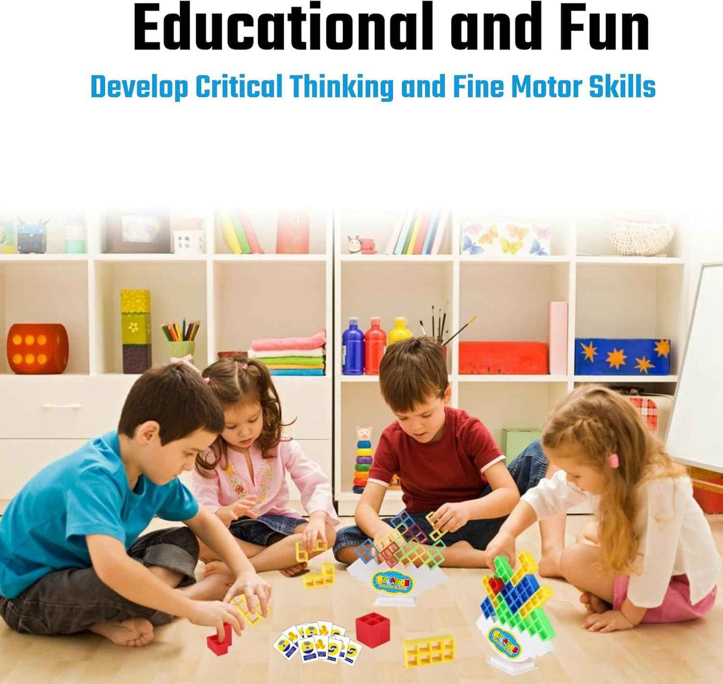 64 Pcs Stacking Tower Game with 22 Cards, Giant Tumble Balance Game for Family, Ideal Gifts for Grandkids, Christmas Stocking Stuffers for Teen Boys & Girls, Party Board Game for Kids 6-12 & Adults