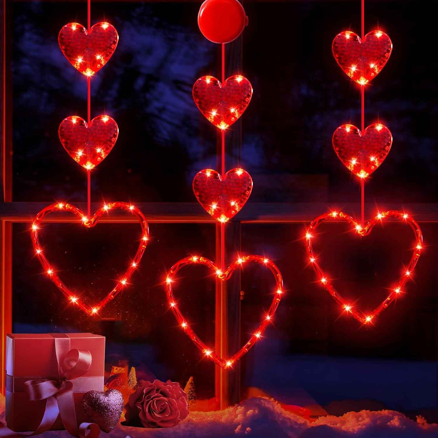 3 Pack Valentines Day Window Lights Decorations with Timer, Battery Powered Hanging Red Lighted Heart Shaped Silhouette Sucker LED Lamp for Fireplace Indoor Home Decor