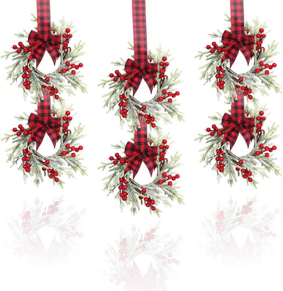 Small Christmas Wreath, 6 Pcs 6" Mini Christmas Wreaths for Cabinets, Small Cabinet Wreaths for Kitchen Cabinet Window Door Farmhouse Christmas Party Decorations Candle Rings Fireplaces (A)