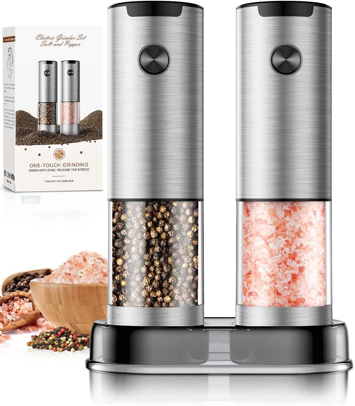 Electric Salt and Pepper Grinder Set Automatic Battery Pepper Mill Shakers Adjustable Coarseness Upgraded Larger Capacity with Led Home and Kitchen Appliances for New House Warming Gifts