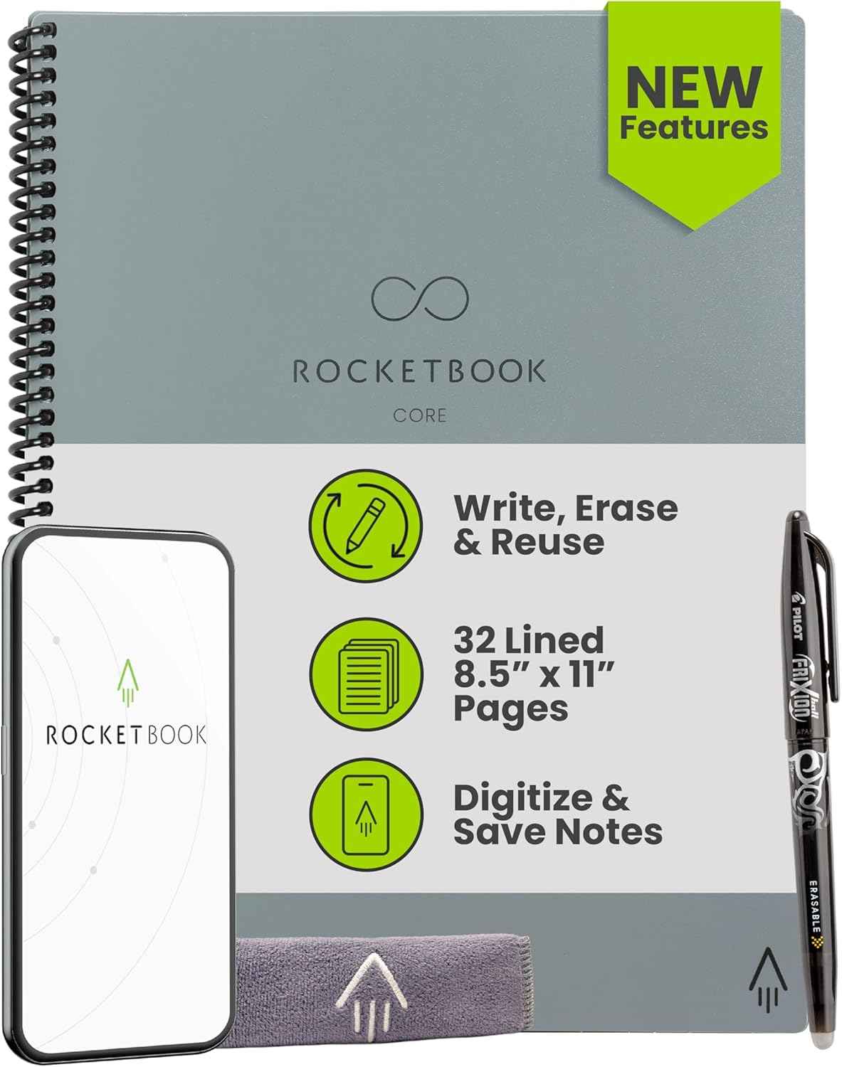 Rocketbook Core Reusable Smart Notebook, Lined Pages For School, Work and Creative Projects, Letter Size 8.5x11, Black - Premium