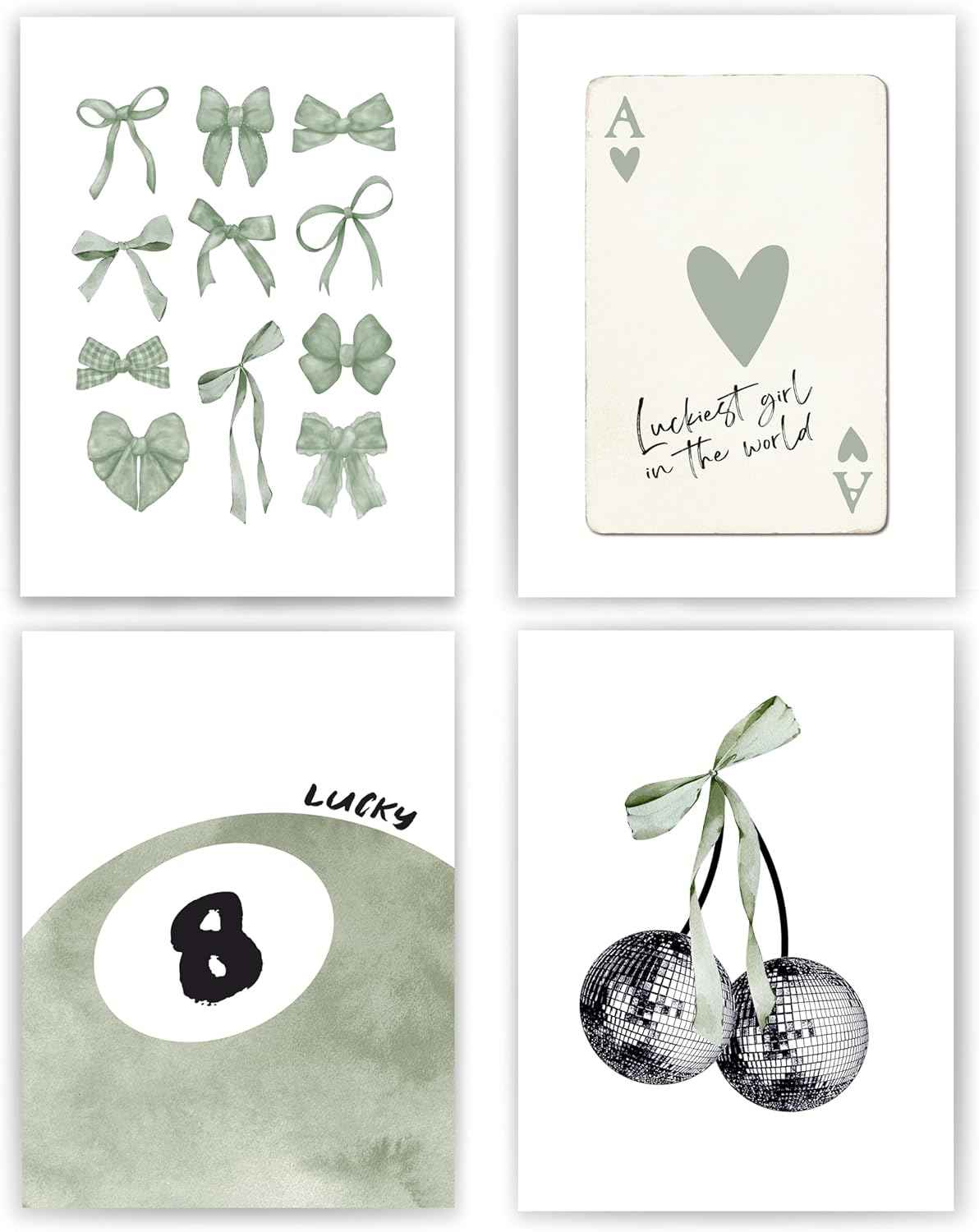okaxscm Sage Green Coquette Trendy Preppy Wall Art Prints Set of 4, Coquette Preppy Room Decor Aesthetic, Green Bow Disco 8 Ball Cherry Wall Decor Posters for Girls Bedroom Dorm, 8x10 Unframed