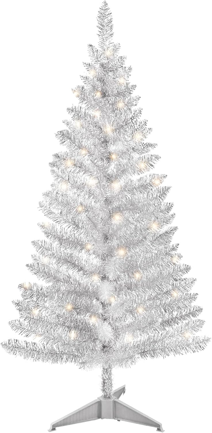 4ft Lighted Artificial White Christmas Tree | Leeheeyee Small Christmas Tree, Not Pre-lit White Tinsel Pine Trees with Lights, Ideal for Home, Office, and Xmas Tree Party Décor