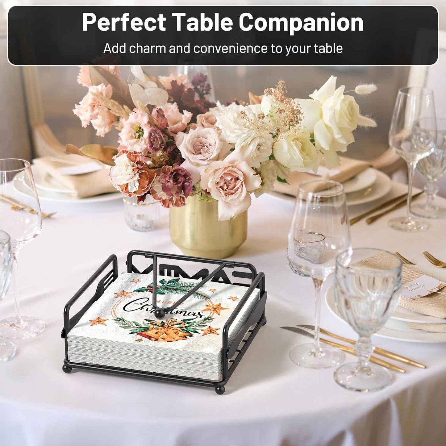 Napkin Holder for Table, Flat Napkin Dispenser with Weighted Arm, Square Cocktail Paper Holder of Elegant Rustic Iron for Kitchen Dining Room Decor Restaurant Farmhouse Hotel Party, Black