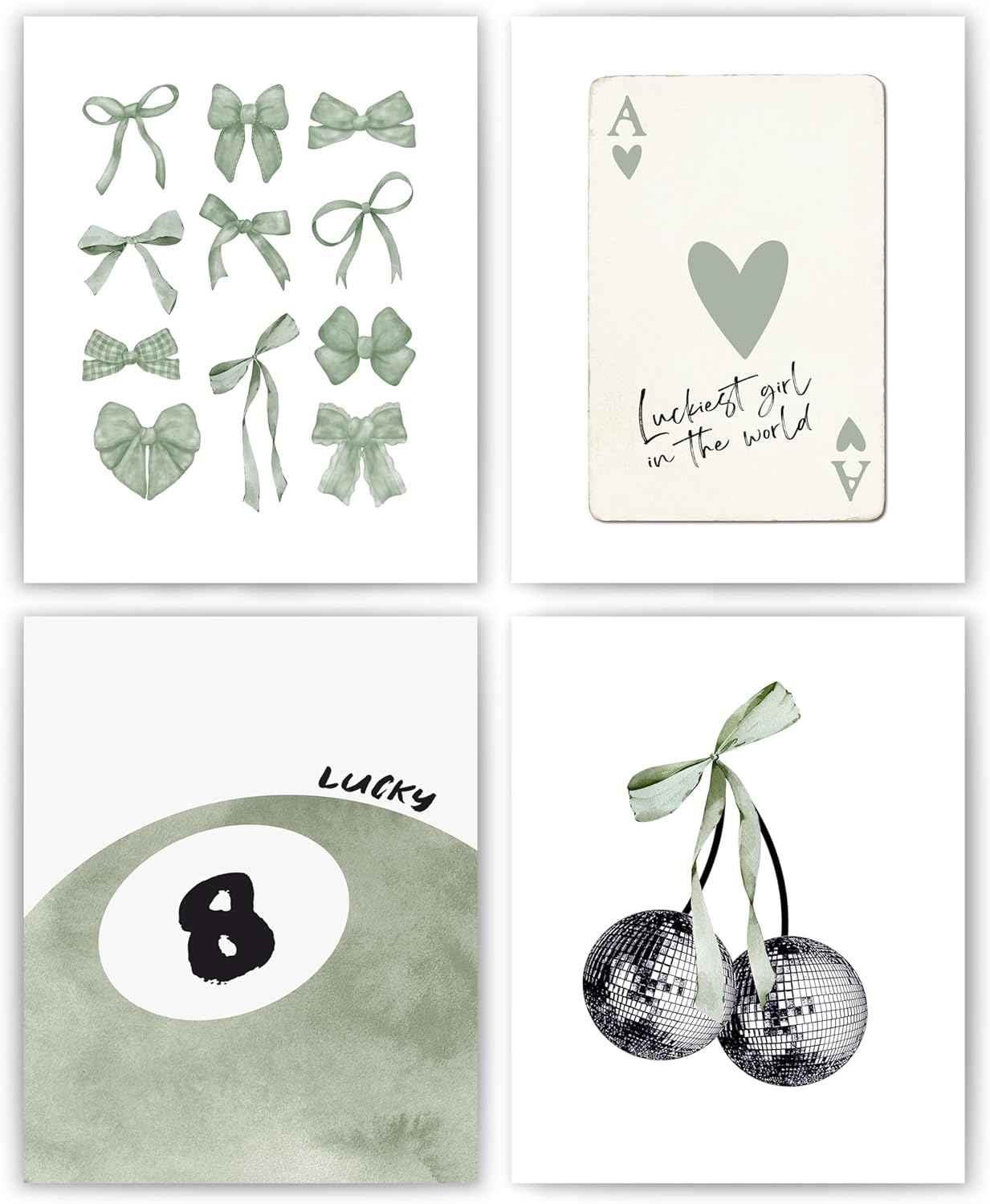 okaxscm Sage Green Coquette Trendy Preppy Wall Art Prints Set of 4, Coquette Preppy Room Decor Aesthetic, Green Bow Disco 8 Ball Cherry Wall Decor Posters for Girls Bedroom Dorm, 8x10 Unframed