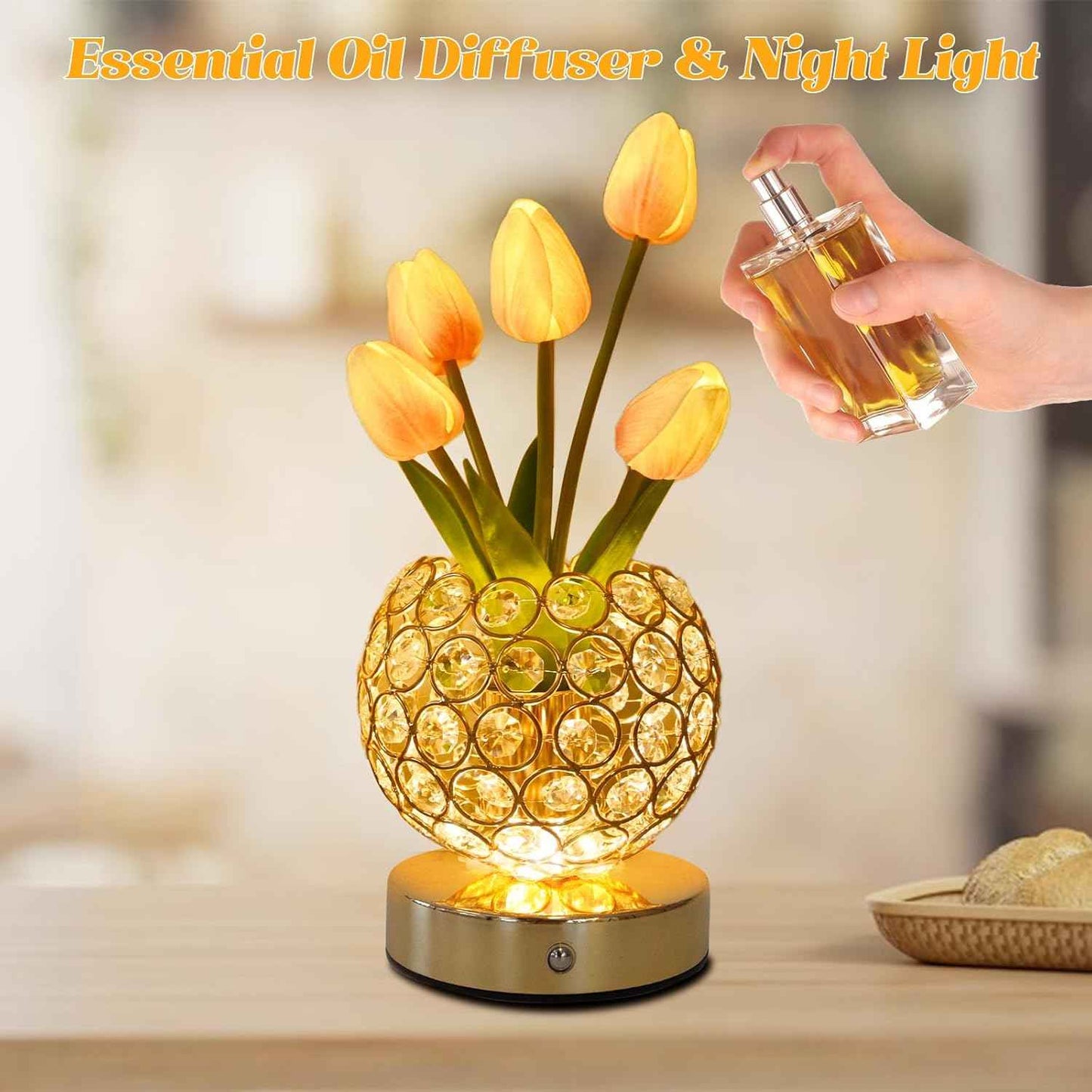 Tulip Crystal Flower Lamp Touch Lamp,Rechargeable Cordless Table Lamp, 3-Colour Infinitely Dimming Battery Powered Small Night Light,Gift for Mom for Valentine Day,Mothers Day,Xmas,Birthday (Pink)