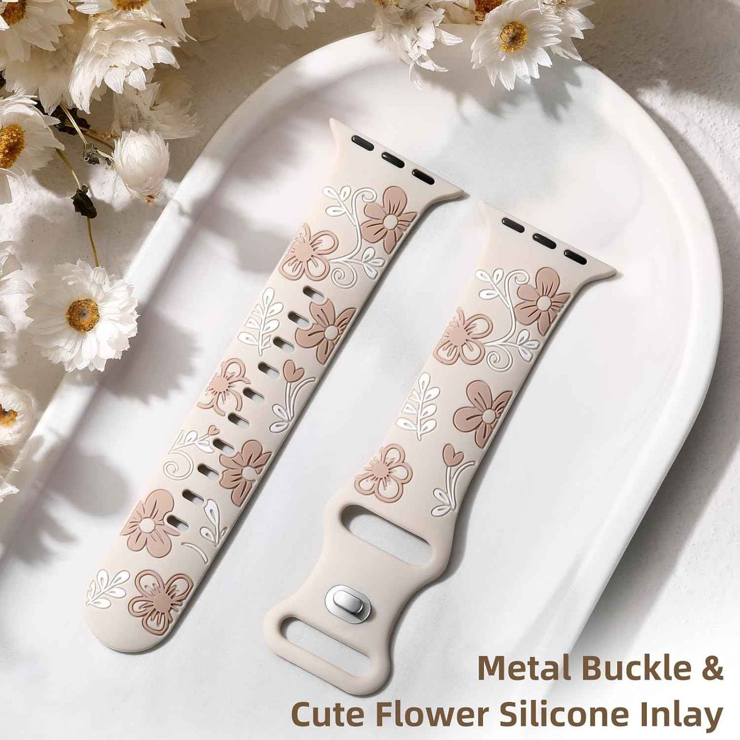 Witzon Floral Band Compatible with Apple Watch Bands For Women 40mm 41mm 38mm 42mm 44mm 45mm 46mm 49mm, Engraved Cute Flower Silicone Dressy Strap for iWatch Series 11 10 9 8 7 6 5 4 3 2 SE Ultra