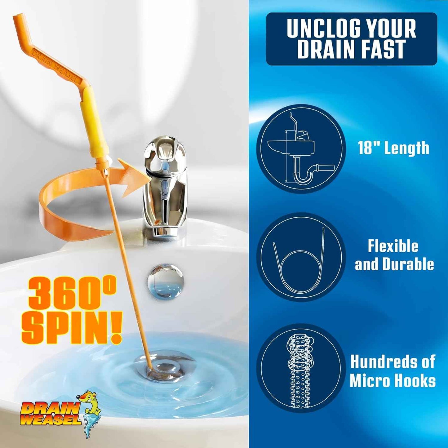 FlexiSnake Drain Weasel Sink Snake Hair Clog Remover Tool, Pipe, Bathroom, Bathtub Cleaner, 18-inch, Made in the USA, 5 Wands and Removable Handle