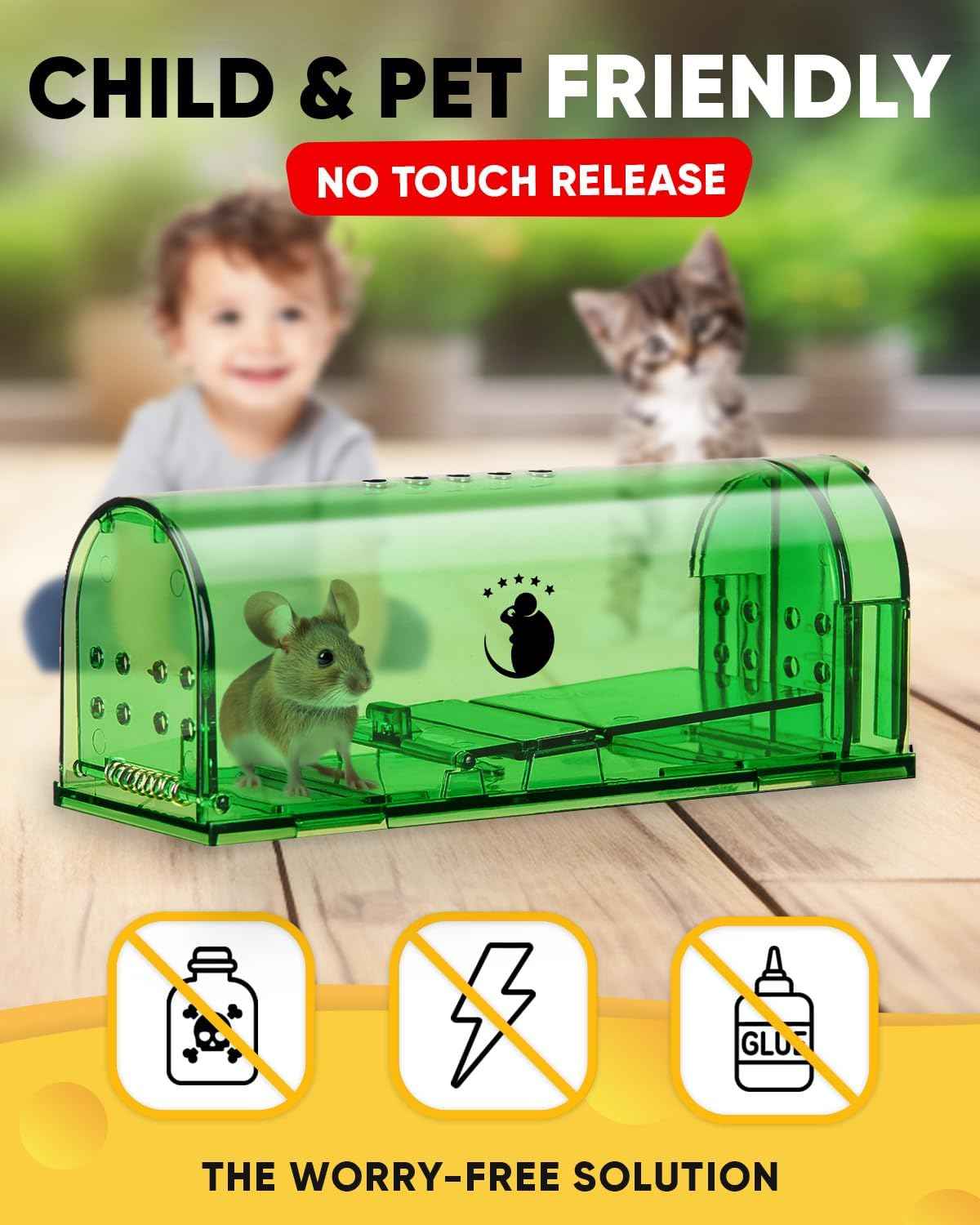 Motel Mouse Humane No Kill Live Catch and Release Mouse Traps, Reusable with Cleaning Brush - 4 Pack