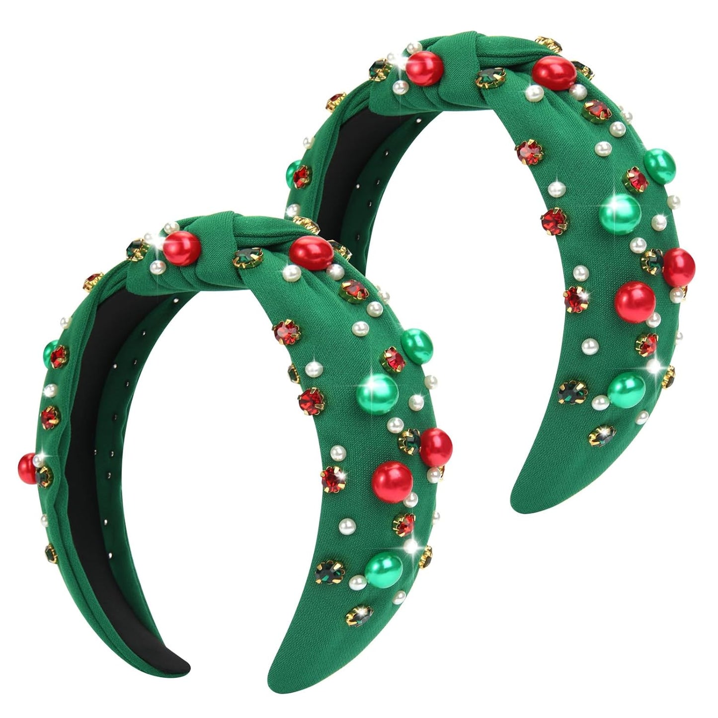 2Pcs Christmas Headbands for Women - Red Green Pearl Rhinestone Crystal Jeweled Christmas Headband - Womens Headbands Fashion Elegant Wide Top Knot for Women Holiday Clothes Accessories(Red Green)