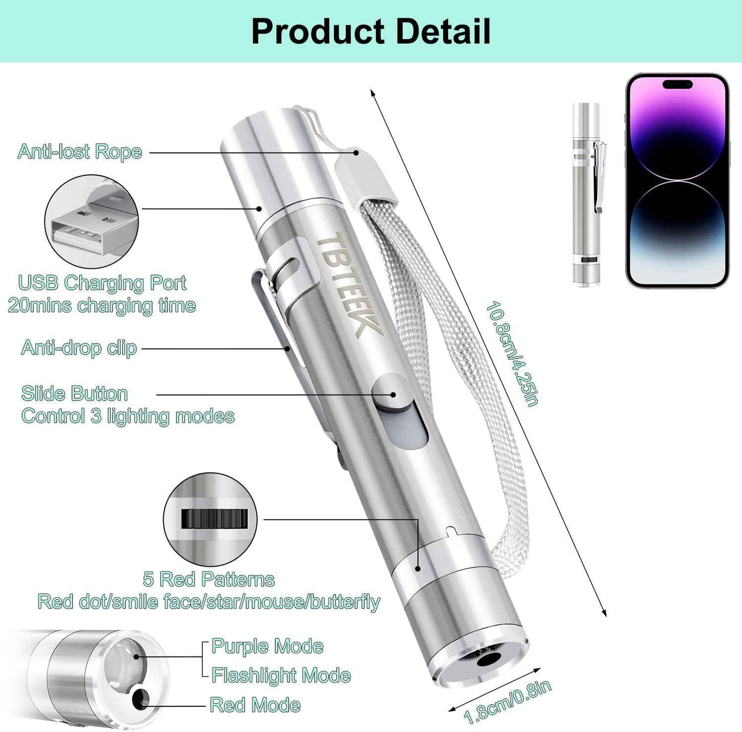 TBTeek Cat Toys, Rechargeable, 3 Light Modes & 5 Fun Patterns, Portable Interactive Kitten Pet Dog Cat Mouse Toy for Fun Chase Play Exercise