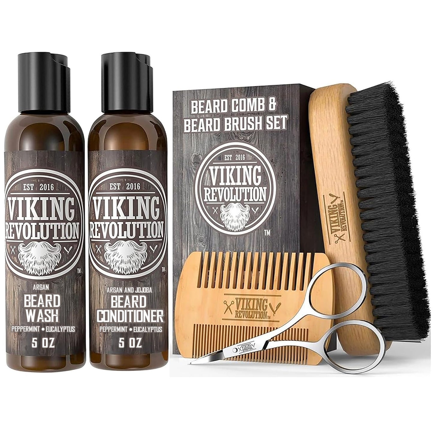 Viking Revolution Beard Comb & Beard Brush Set for Men -- Natural Boar Bristle Brush and Dual Action Pear Wood Comb w/Velvet Travel Pouch - Great for Grooming Beards and Mustaches